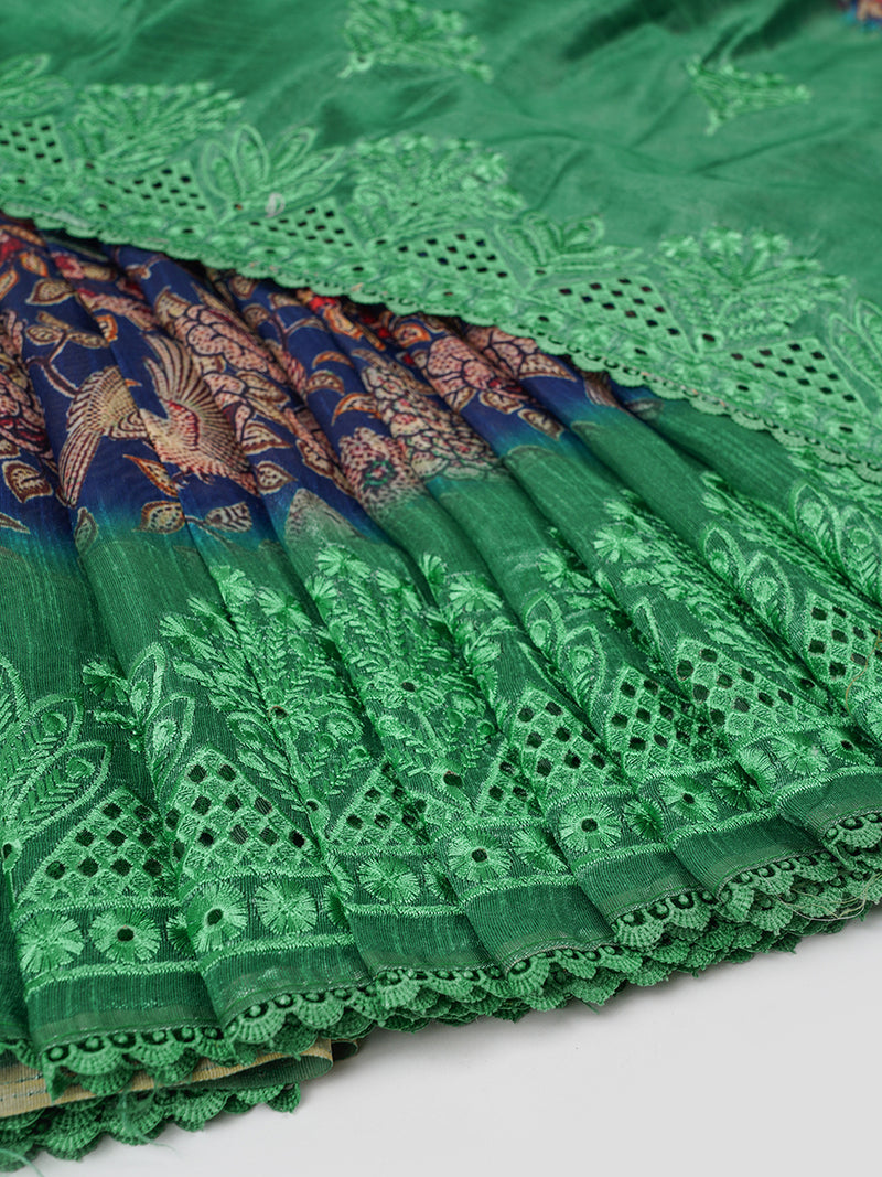 Semi Raw Silk Navy and Sandal Colour Flower Design Printed Saree SRS16