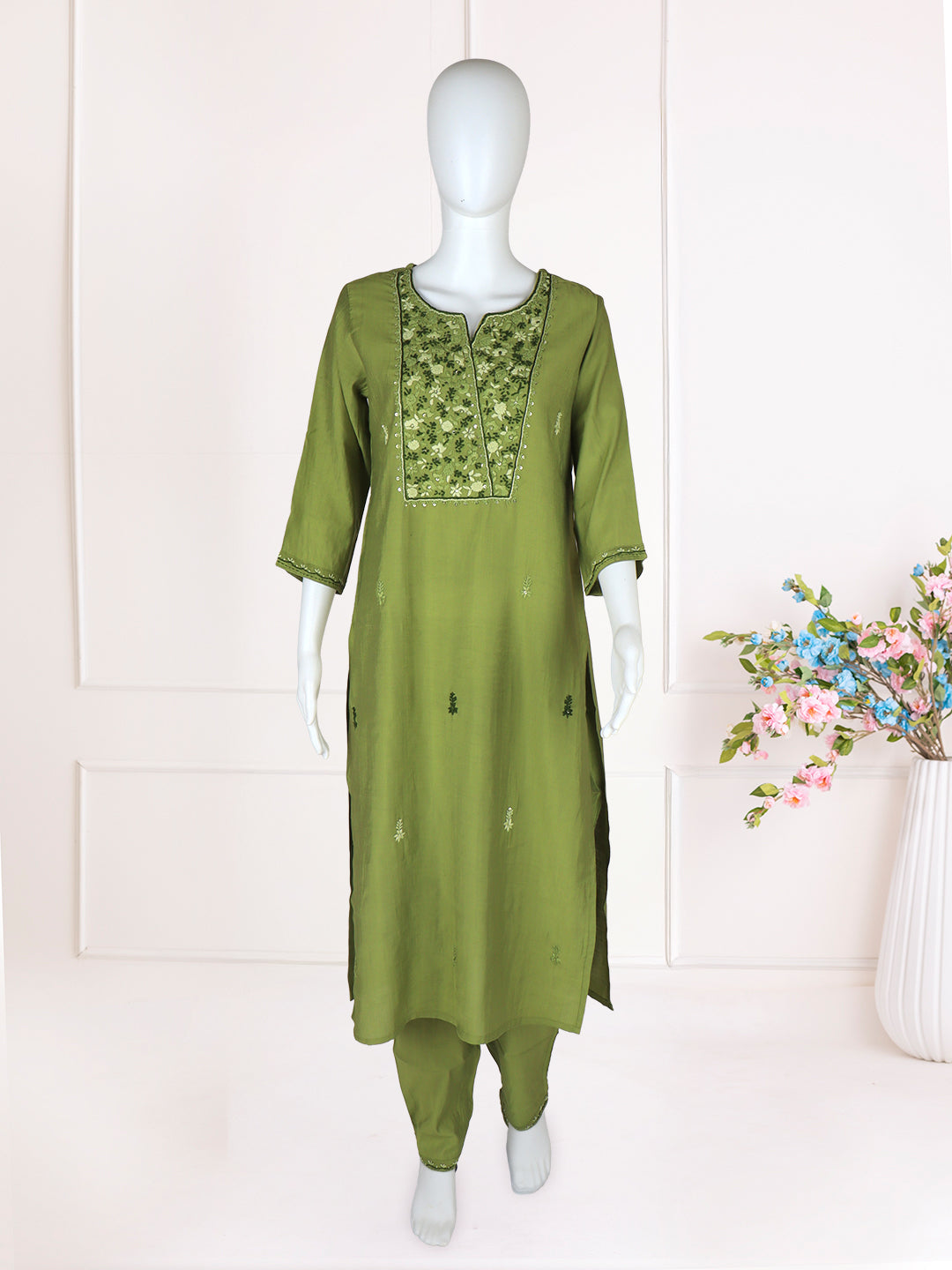 Women Silky Crush Embroidered Kurti Set Green EKS90