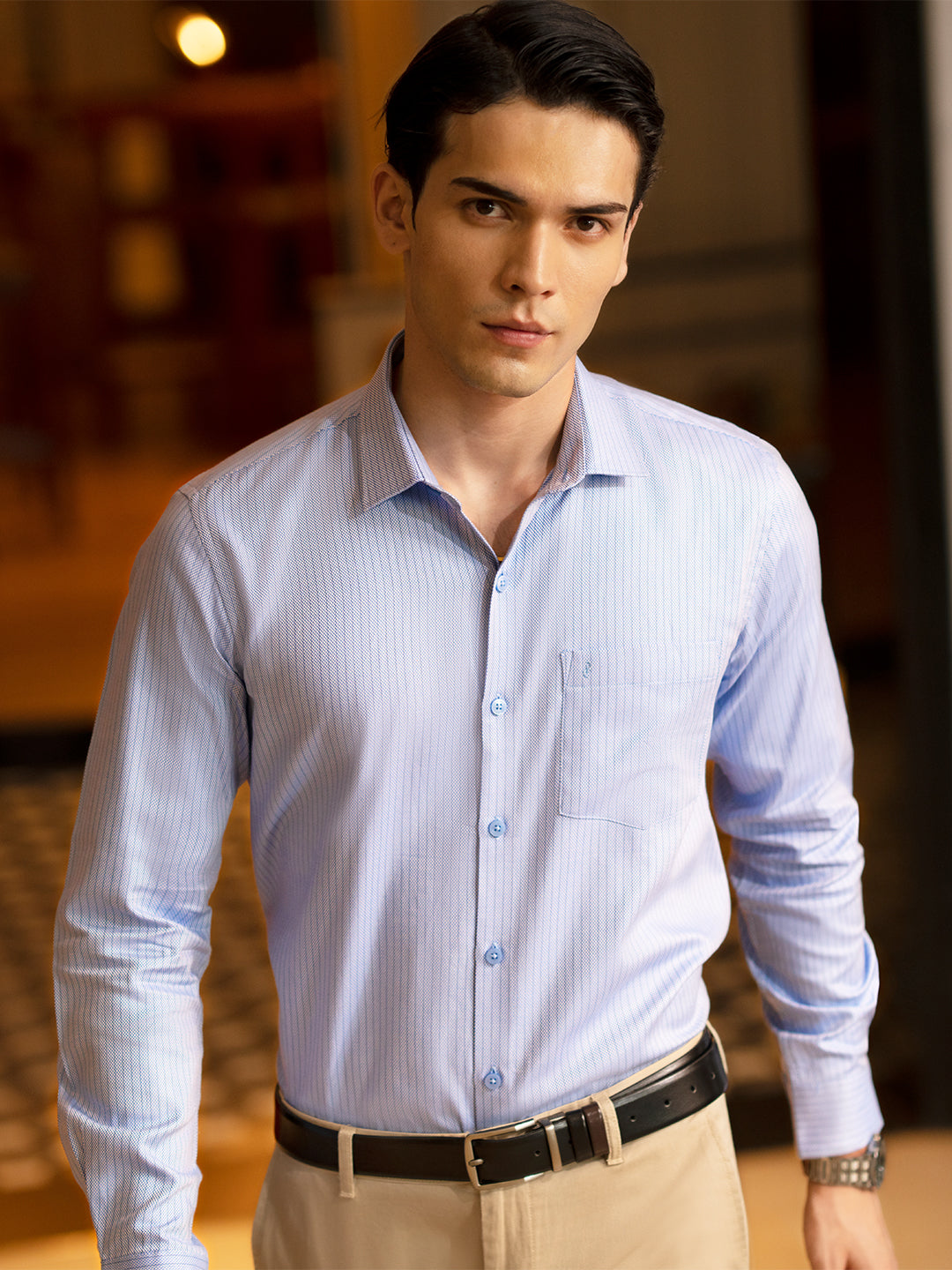 Cotton Dobby Light Blue Stripes Regular Fit Shirt SRAY1