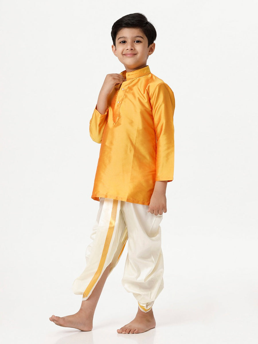 Boys Silk Cotton Full Sleeves Golden Yellow Kurta with Panchakacham Combo-Side view