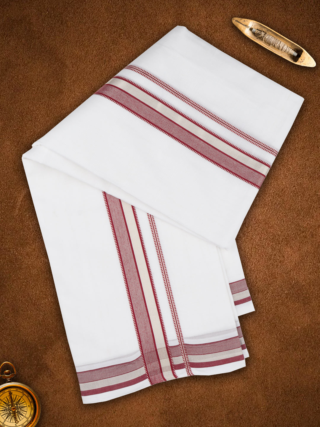 Men Premium Handloom Dhoti Maroon With Silver Fancy Border