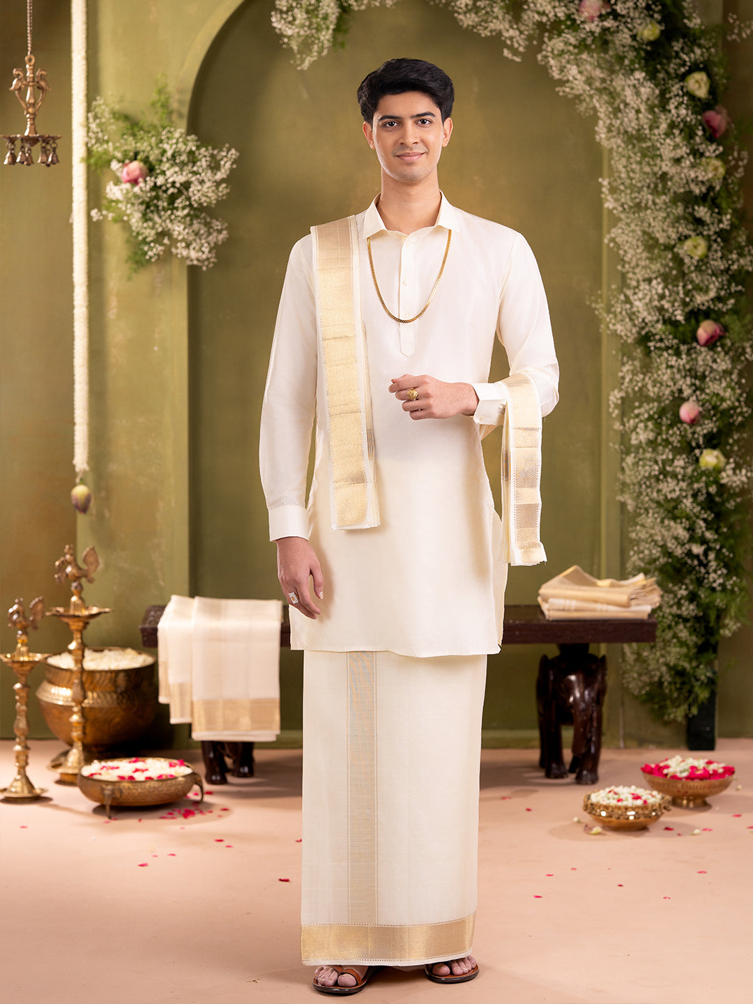 Premium Pure Silk Cream Plain Dhoti Shirting & Towel Set with 3" Jari Border – Rajadharbar