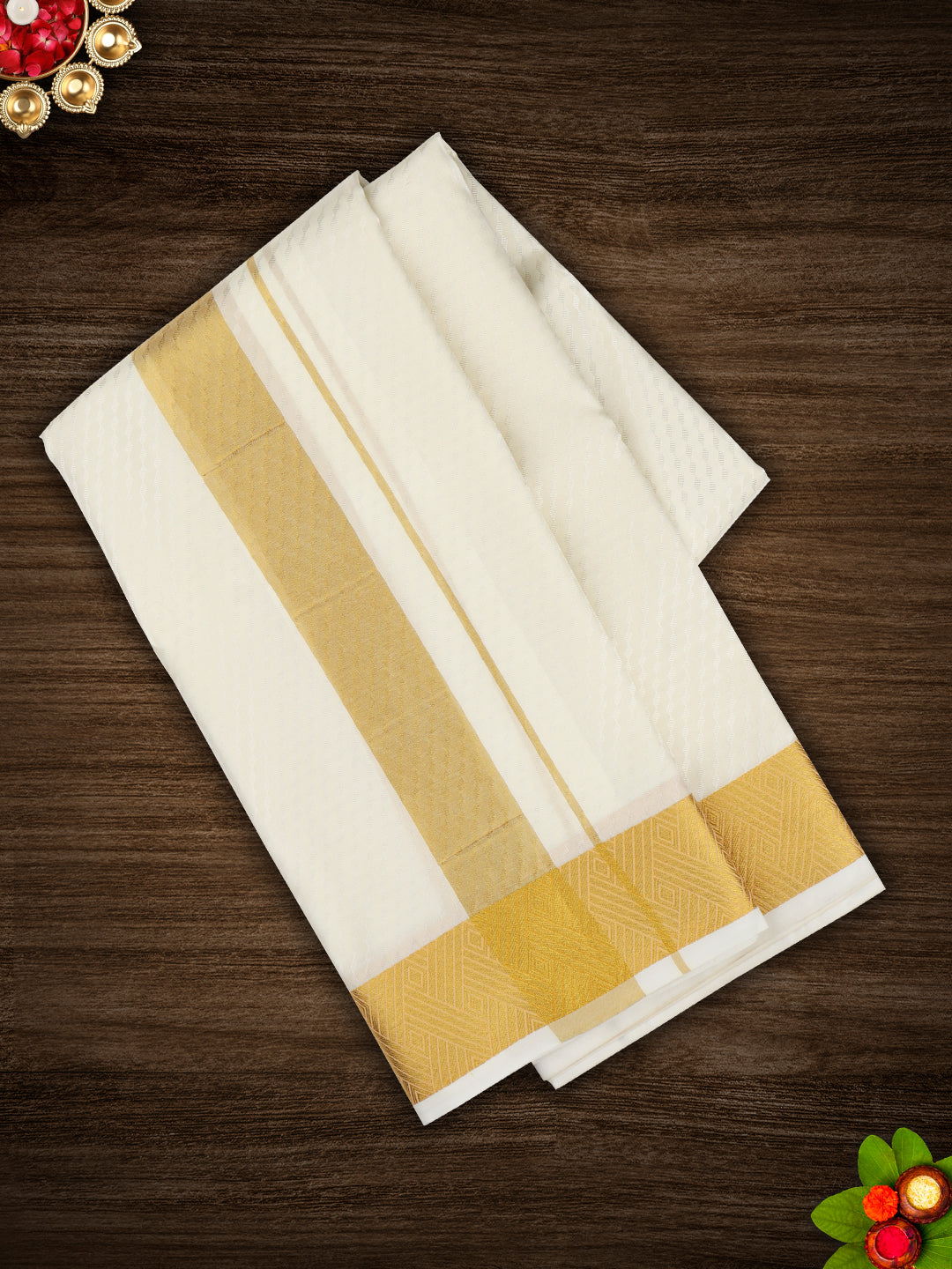 Mens Art Silk Zari Dhoti & Shirting Set Cream Mangalakara