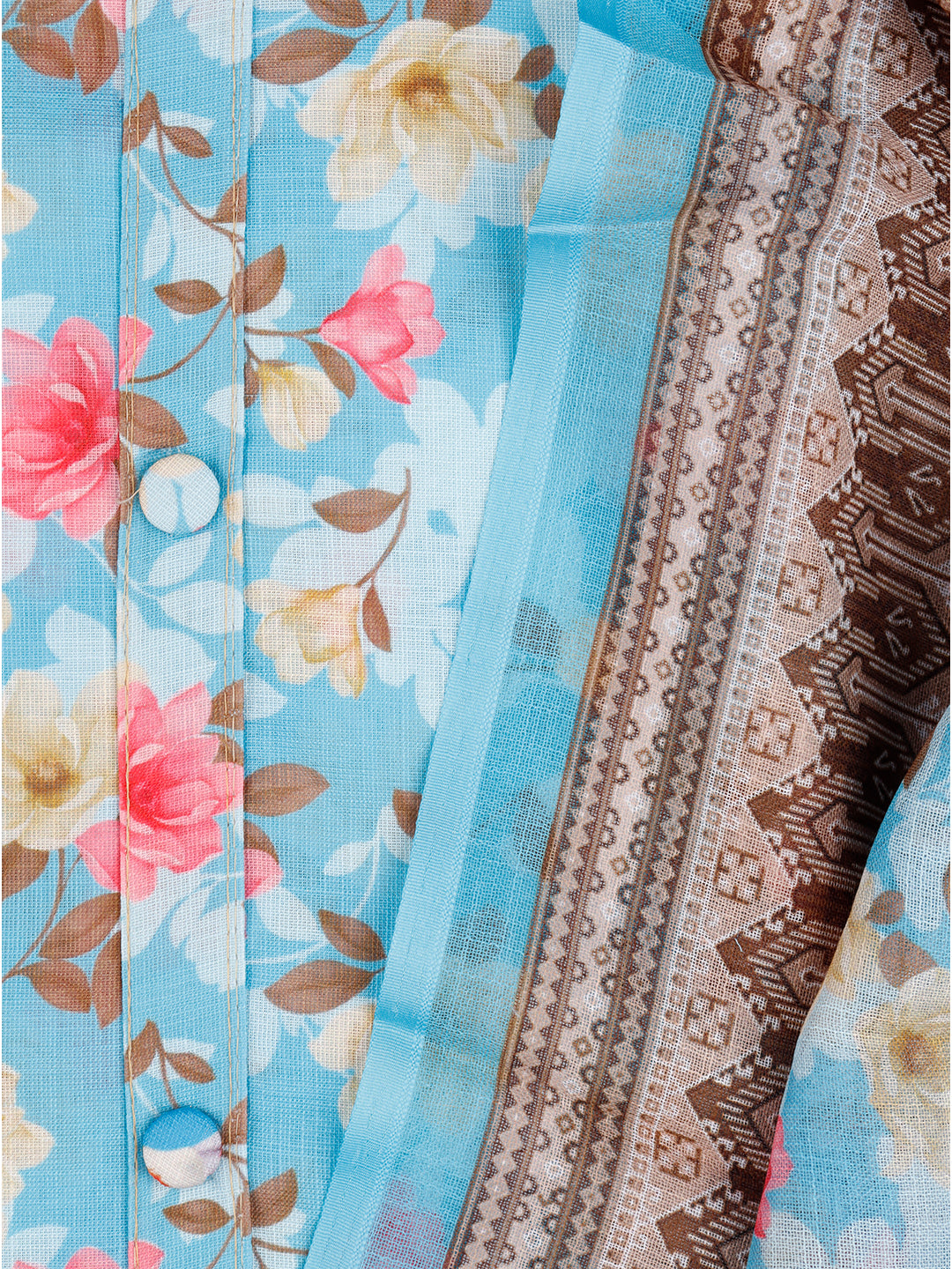 Women's Blue Colour Flower Printed Semi Linen Unstitched Cotton Dress Material DM142