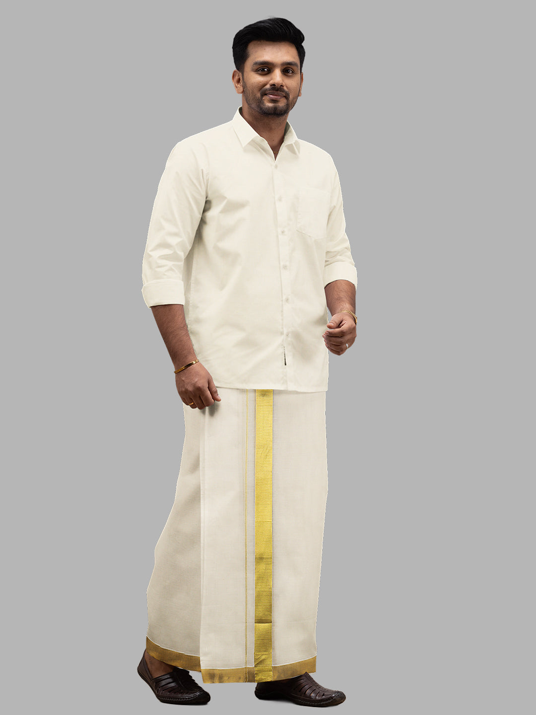 Men Cream with 1 1/2" Gold Jari Border Double Layer Kora Dhoti Woven Gold