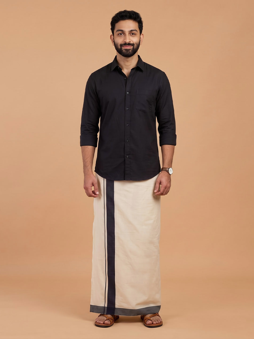 Double Layer 100% Cotton Cream Kora Dhoti with Colour Border - BSD01