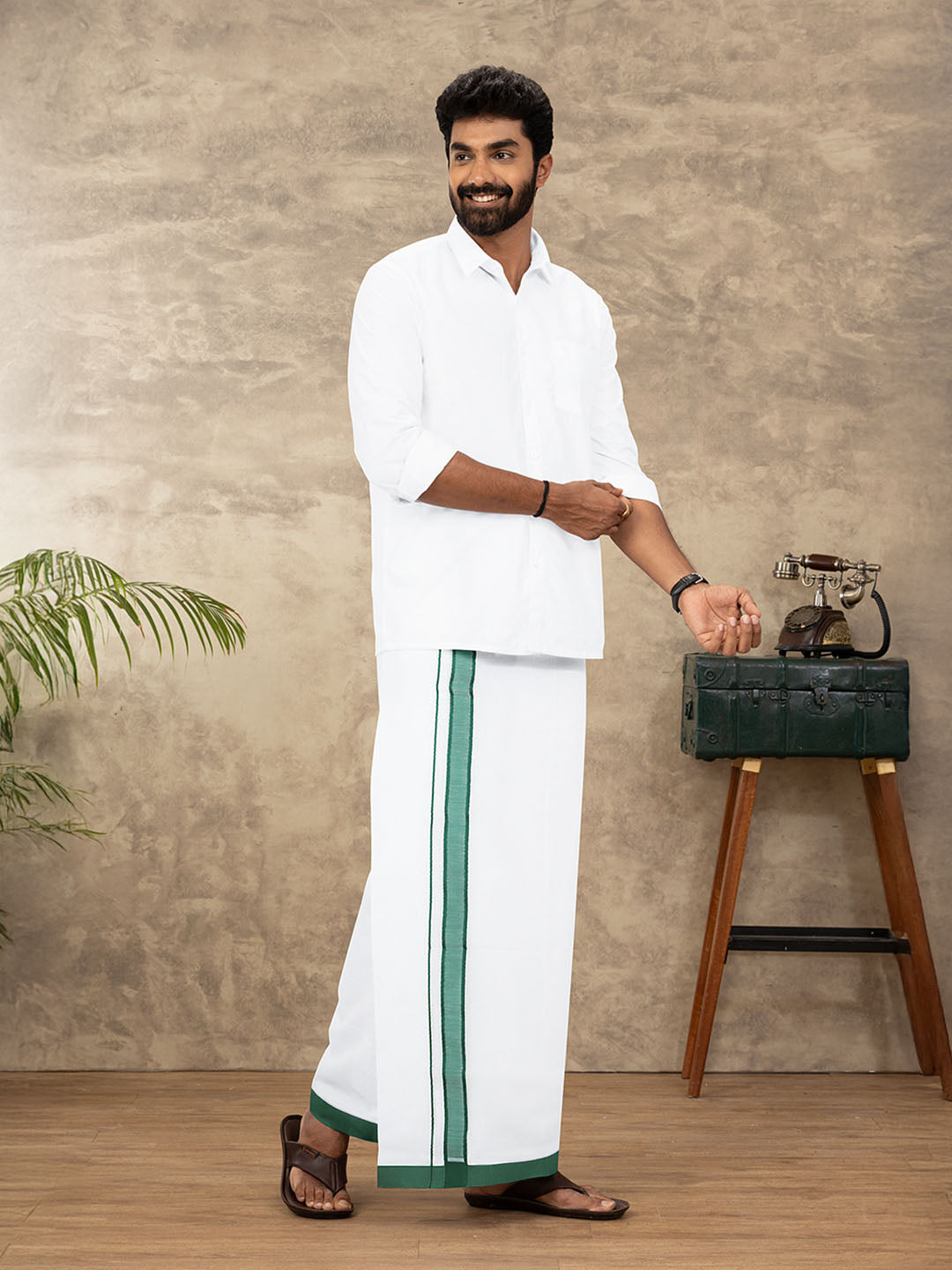 Men 100% Cotton Double Layer White Dhoti with Fancy Border RFP07
