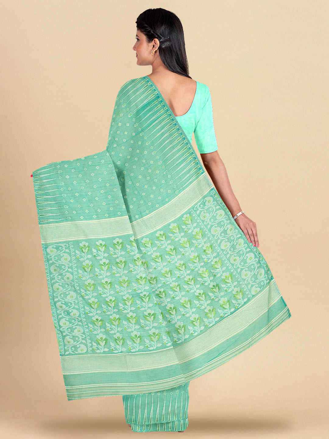 Womens Gorgeous Green Self Designed Pure Cotton Weaving Saree PCS38