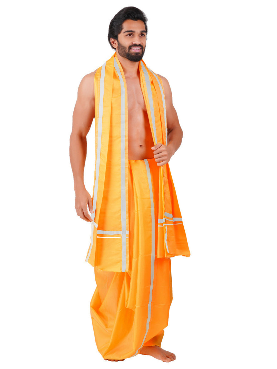 Mens Art Silk Panchakacham with Angavastram Jayadeva Silver (9+5) L.Yellow