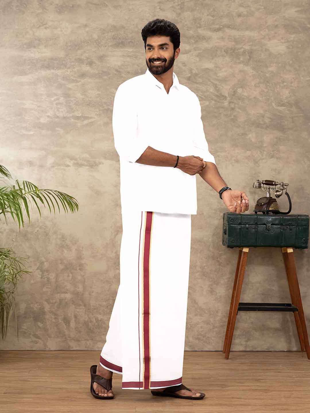 Men Cotton Blend Double Layer White Dhoti with Fancy Jari Border VGF01