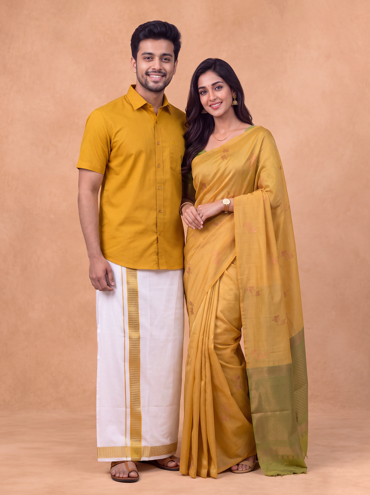 Couple Combo Shirt & Dhoti Set with Saree Mustard SS552