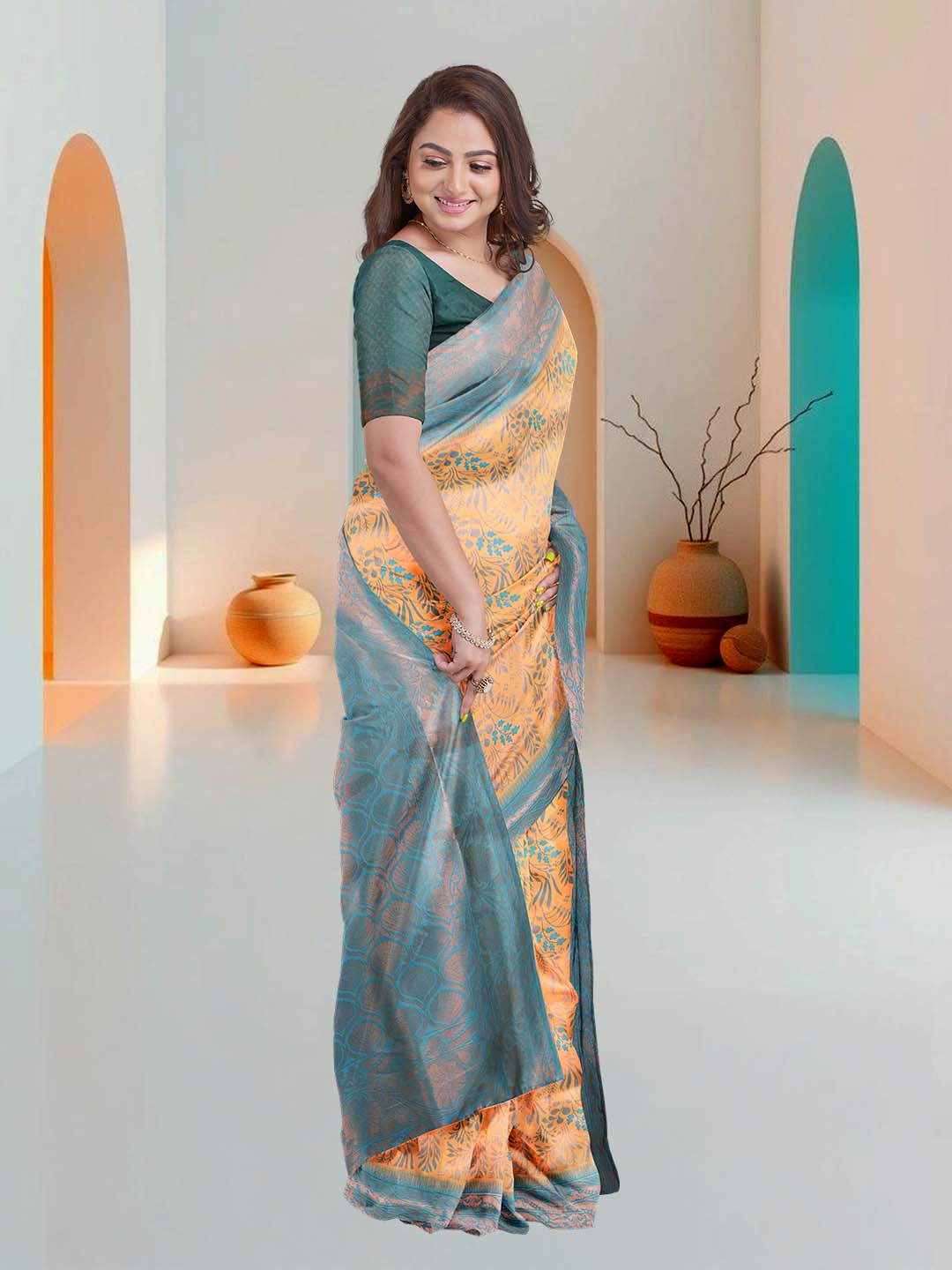 Women Yellow Art Silk Printed Saree ASS69
