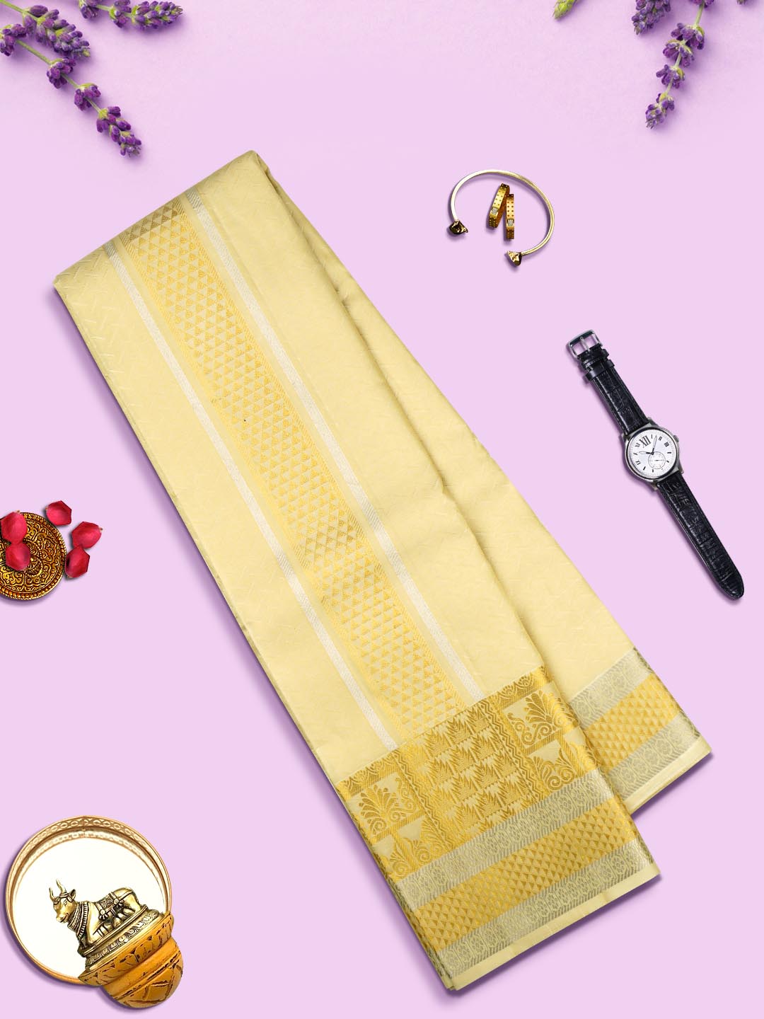 Pure Silk Dark Cream Colour 4" Gold Jari Border Dhoti With Towel Thirukalyan-View two