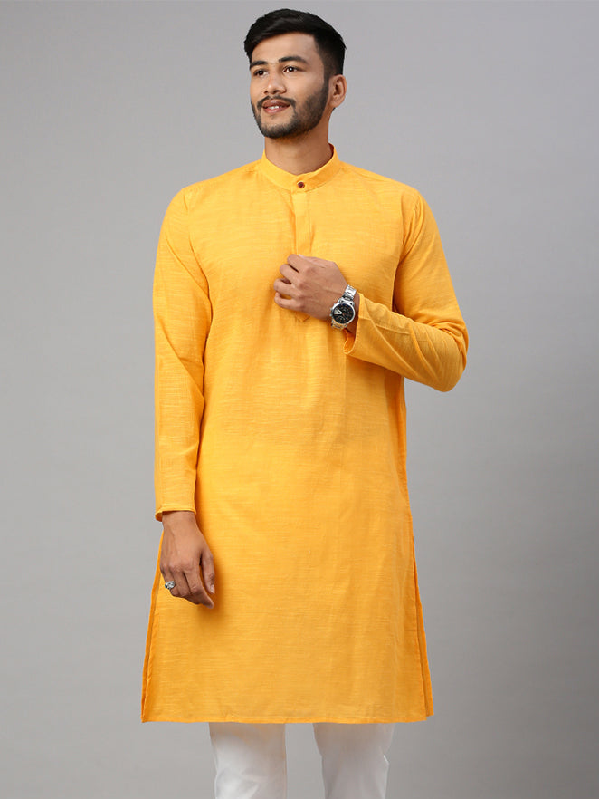 Mens Cotton Full Length Plain Pocket Kurta Yellow M17
