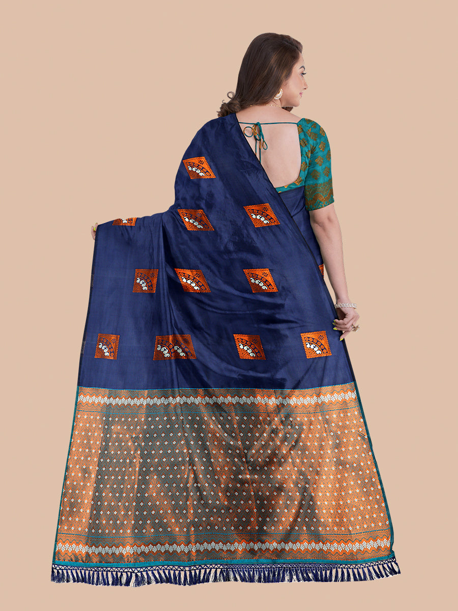 Women Semi Silk Navy with Contrast Green Border Saree SS55-Back view