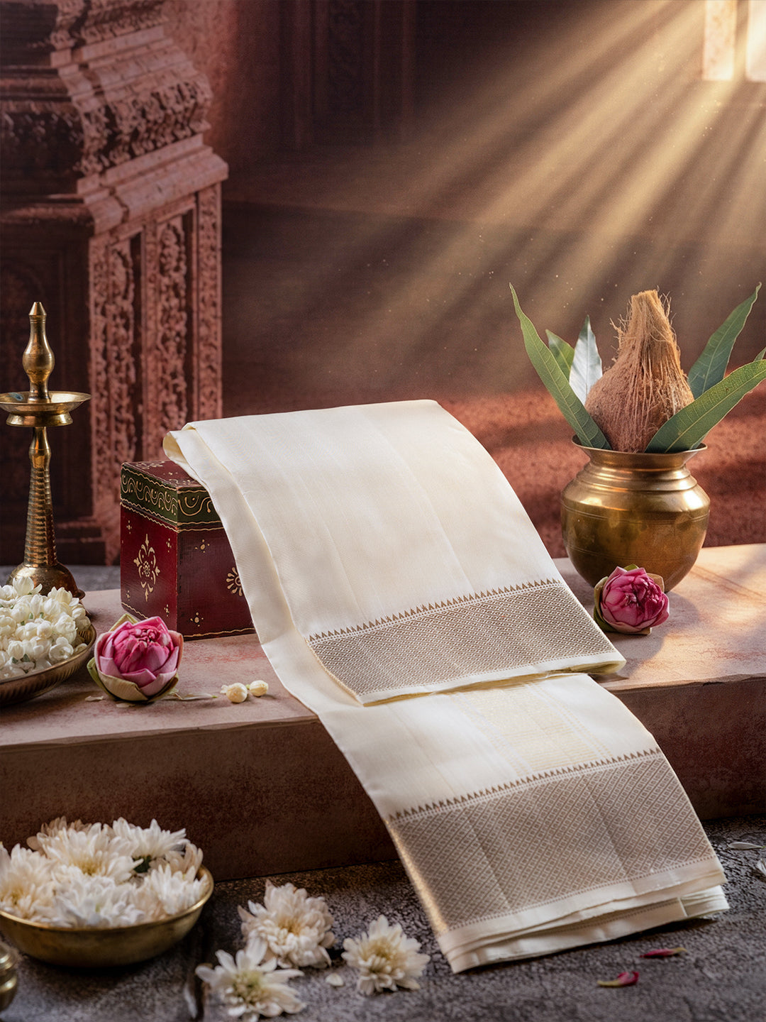 Pure Silk Cream Dhoti with 4" Gold Jari Border - Kalasam