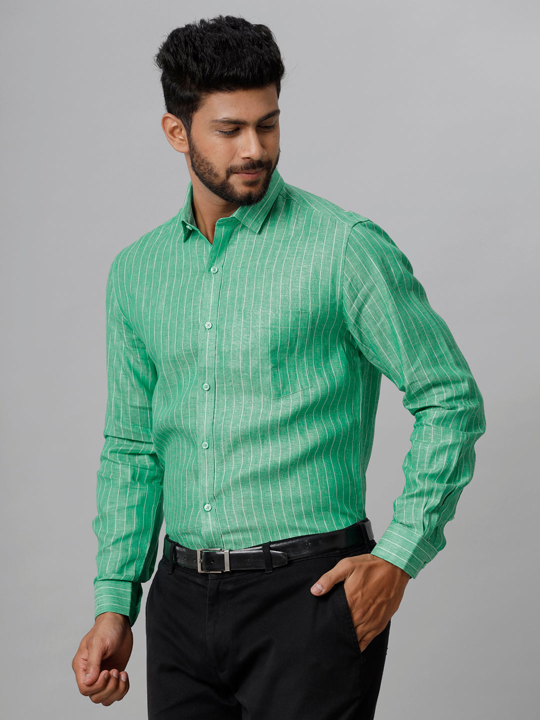 Mens Pure Linen Striped Full Sleeves Green Shirt LS12-Side view