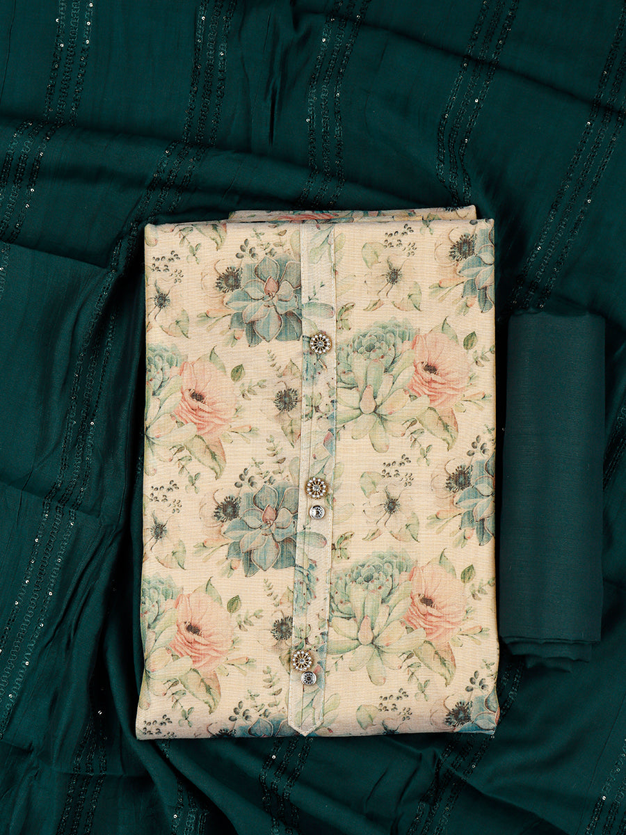 Women Sandal & Green Flower Digital Print Unstitched Semi Raw Silk Cotton Dress Material DM96-View one