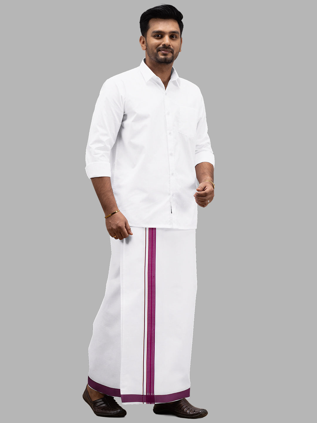 Men Purple Fancy Border Single Layer Adjustable Pocket Dhoti GACF14