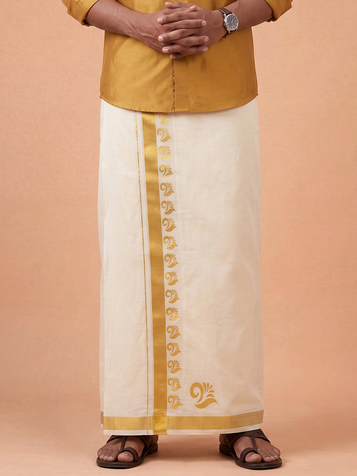 Double Layer Cotton Cream Kora Dhoti With Gold Jari Border - HF Gold HFG09