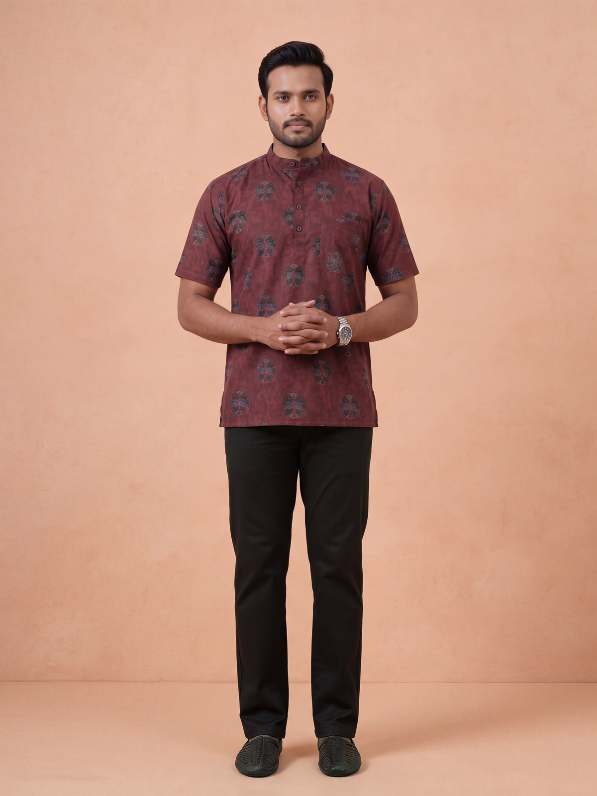 Cotton Short Length Printed Pocket Kurta Reddish Brown OE11