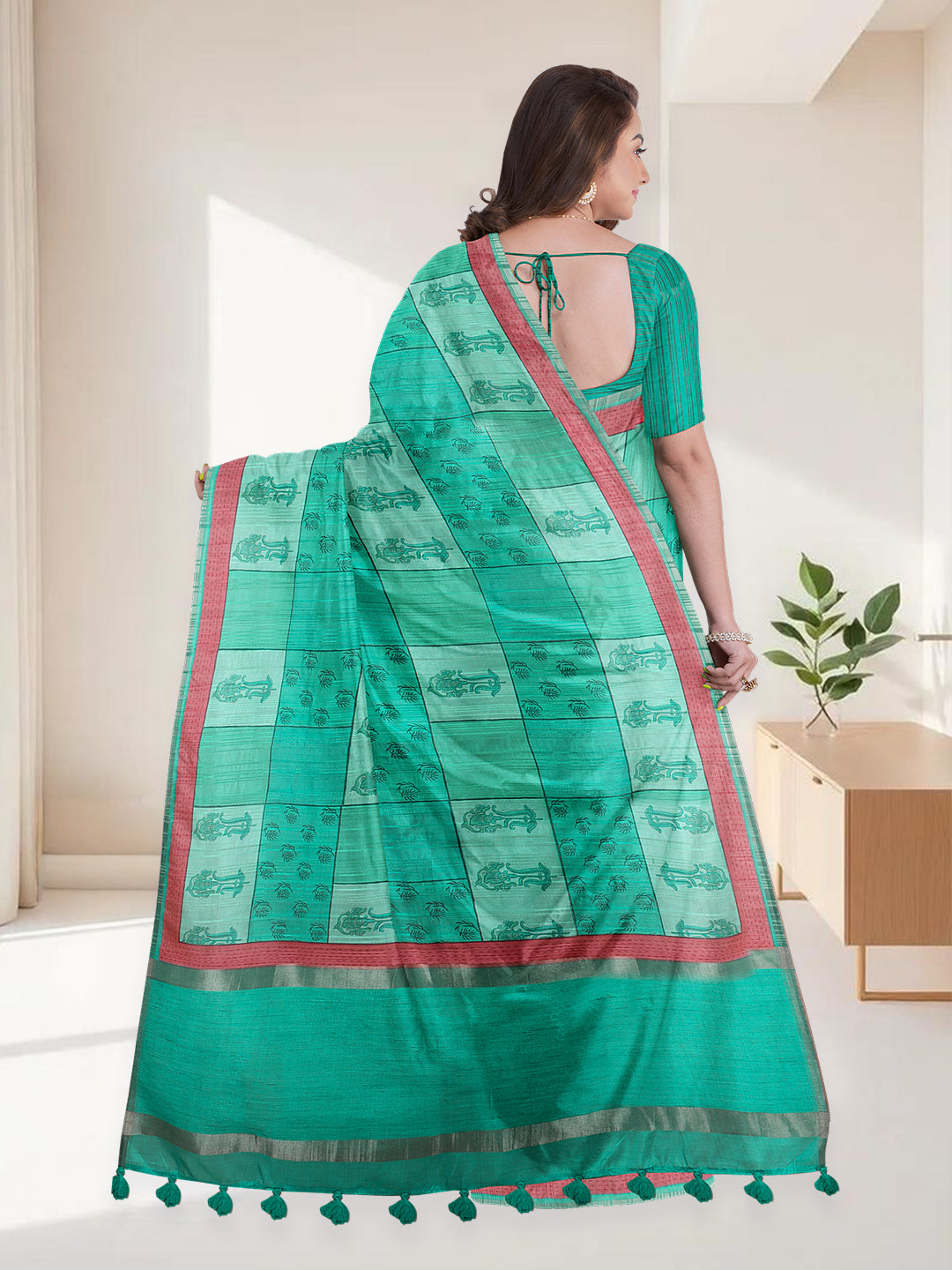 Women Green Semi Tussar Printed Saree ST297