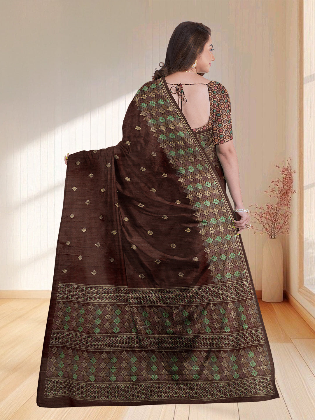 Women Brown Semi Tussar Printed Saree ST256