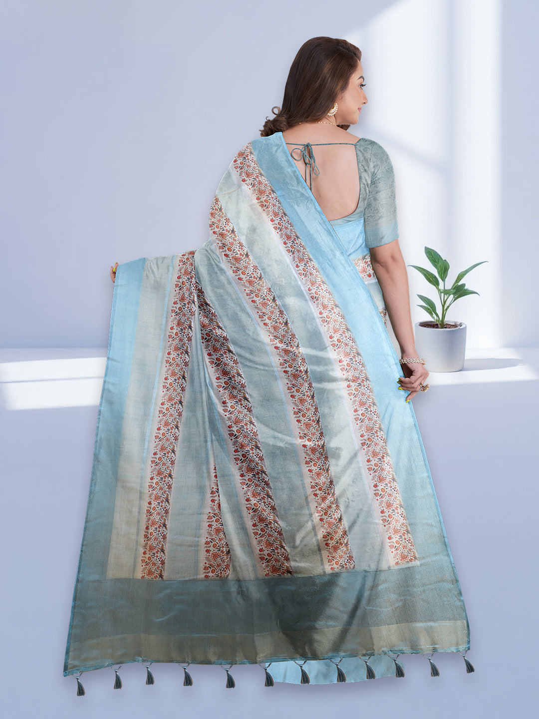 Women Blue Semi Tussar Printed Saree ST299