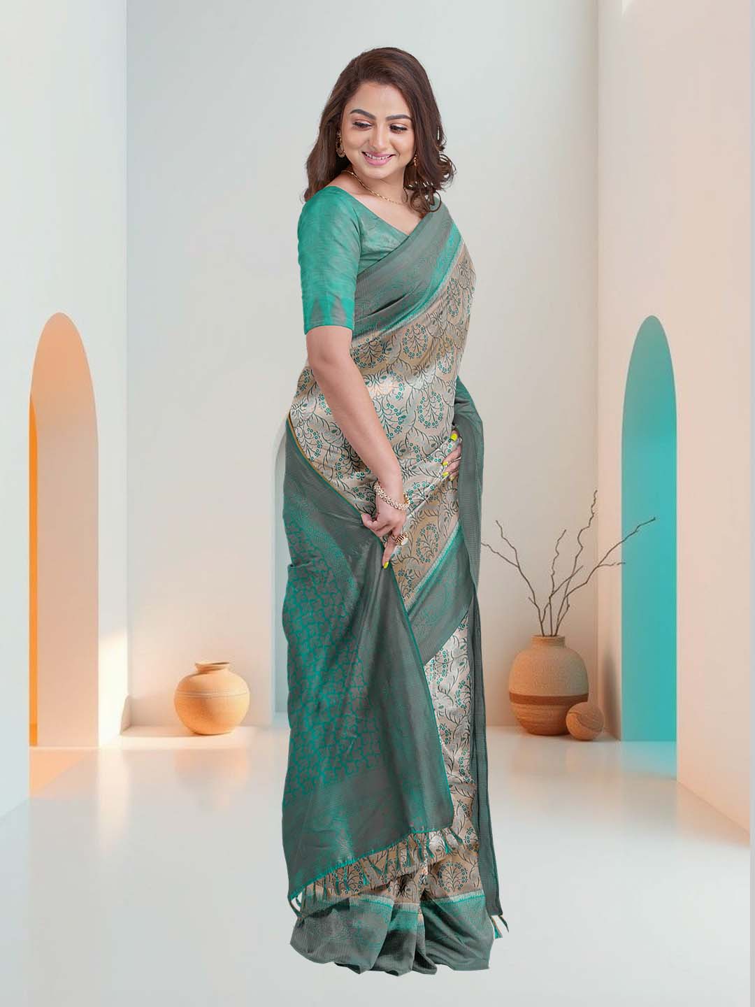 Women Sandal with Green Art Silk Printed Saree ASS63