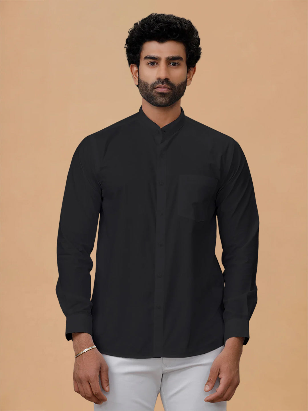 Cotton Rich Chinese Collar Regular Fit Black Shirt