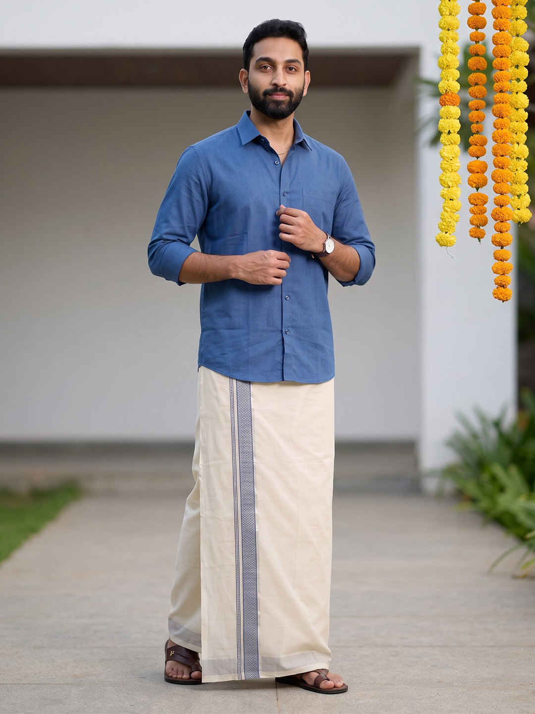 Double Layer Giza Cotton Cream Kora Dhoti with Colour Jari Border - LC39