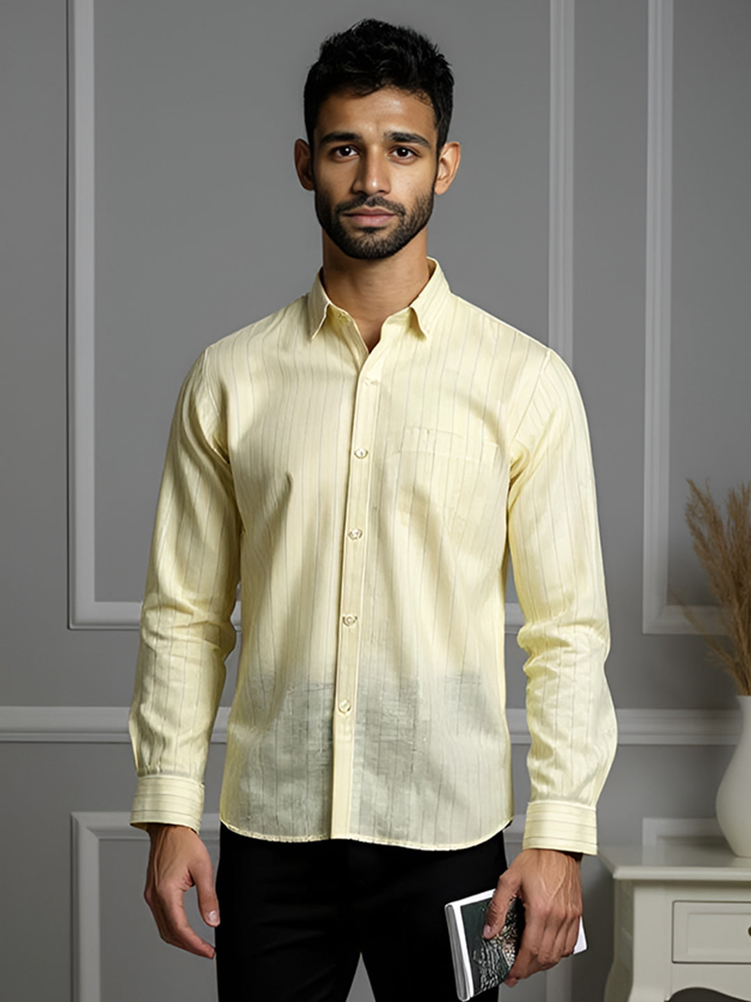 Men Pure Linen Striped Shirt Pale Yellow LS25