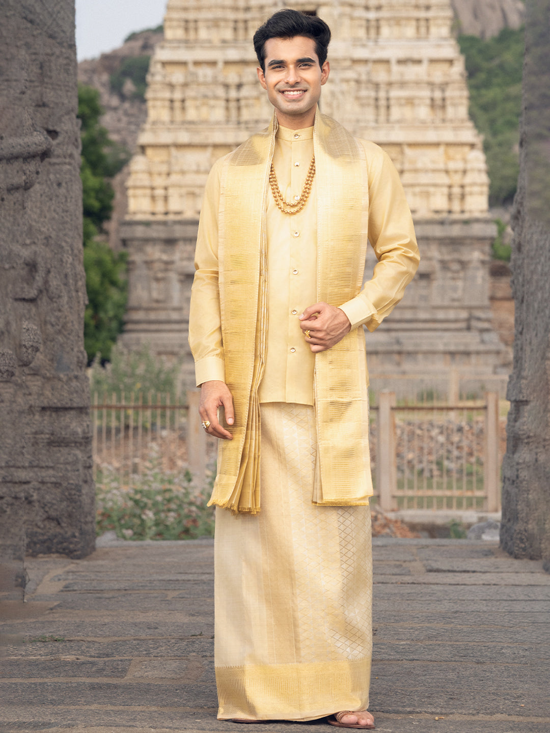 Pure Silk 5" Gold Tissue Jari Weaving Wedding Dhoti & Towel Set – Amirtham