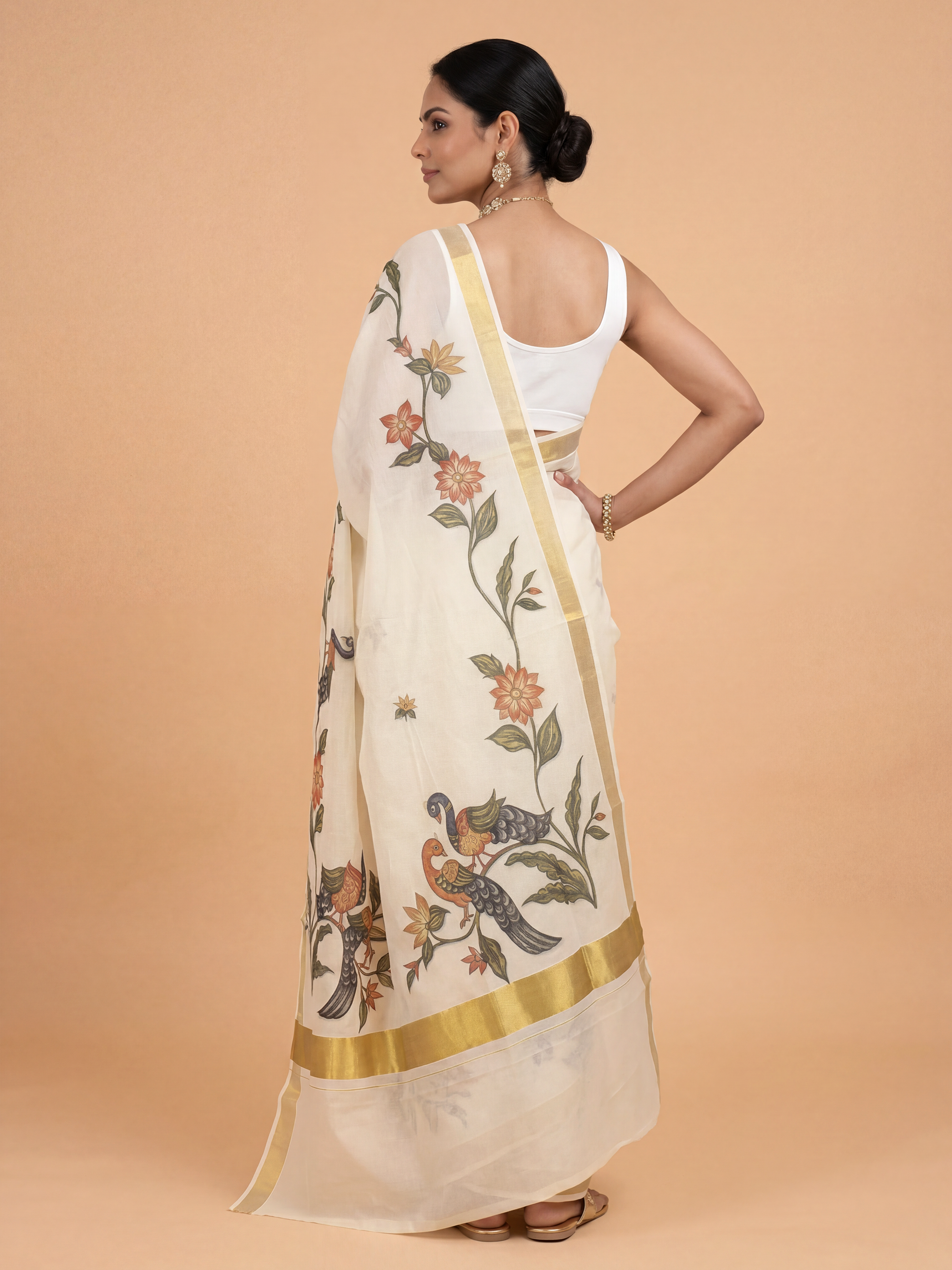 Women Kora Cotton Cream Floral Printed Kerala Saree KLS09