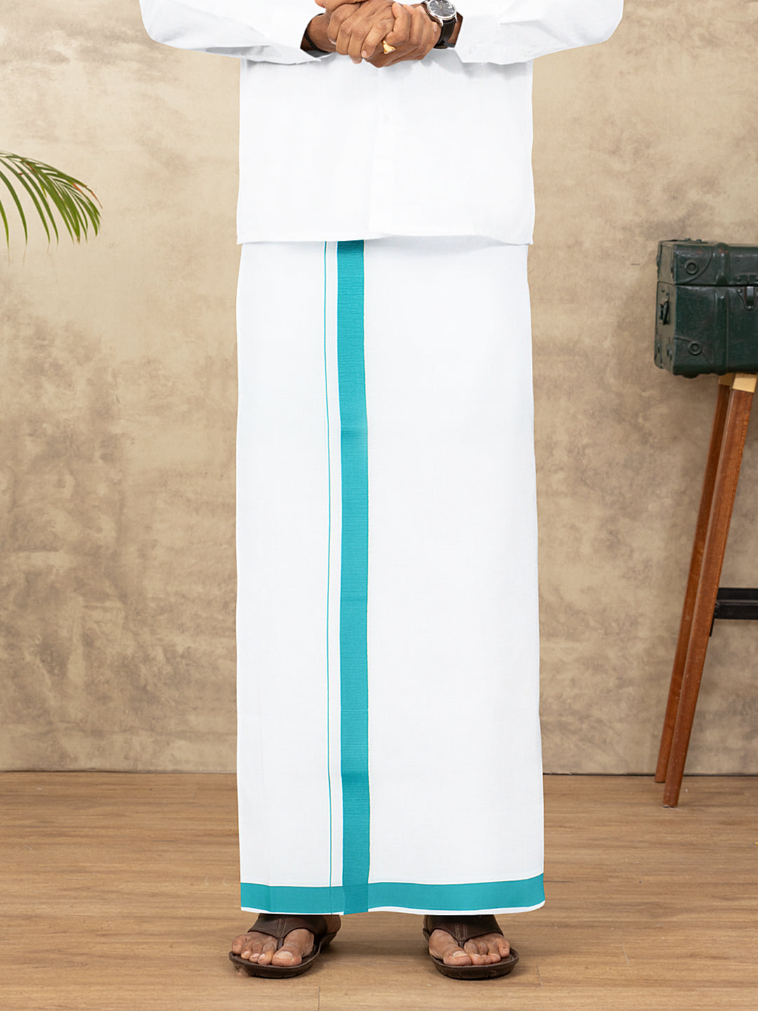 Men Cotton Blend Single Layer White Dhoti with Big Border WS24