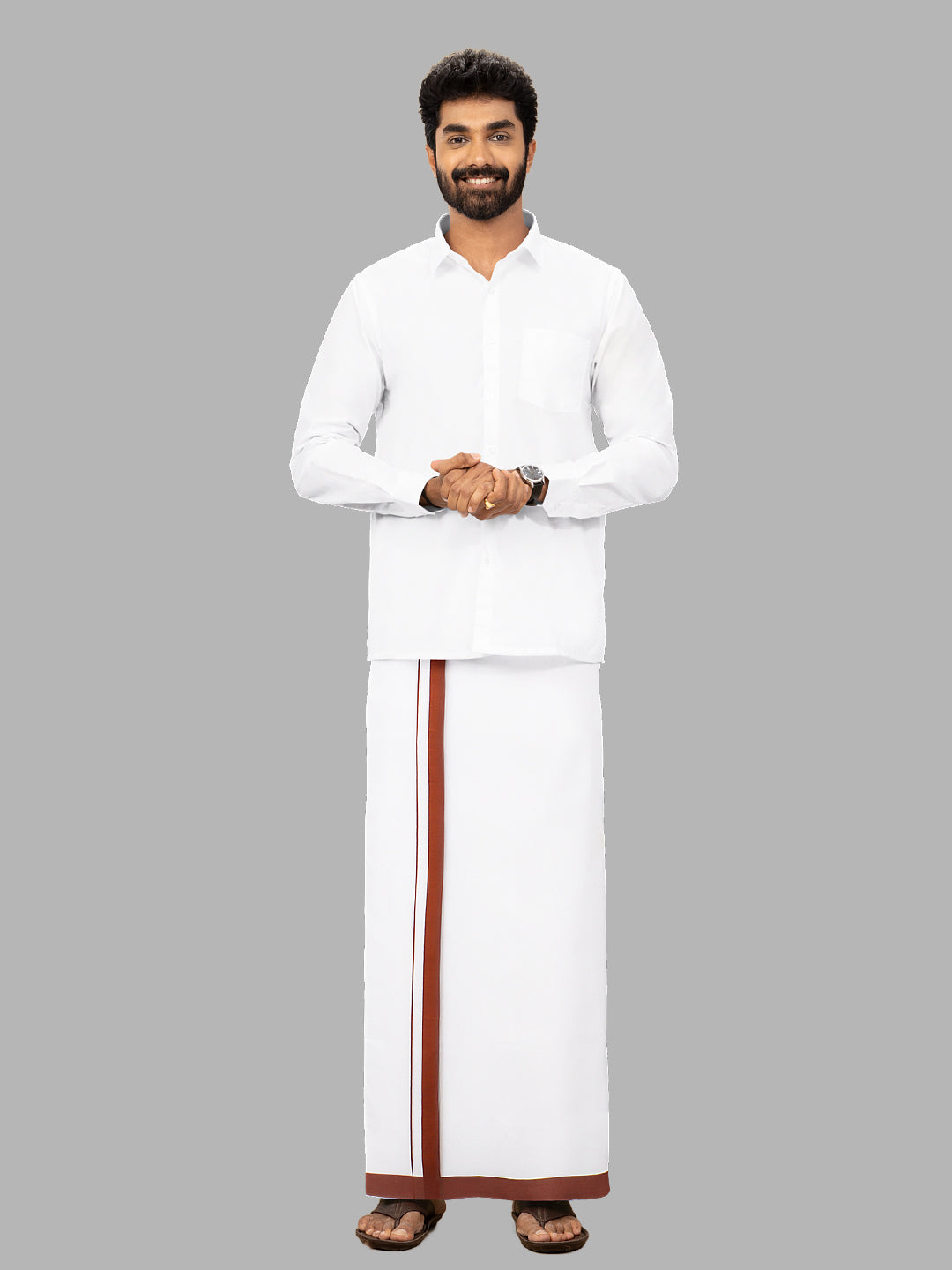 Men Brown Border Single Layer Adjustable Pocket Dhoti GACS8