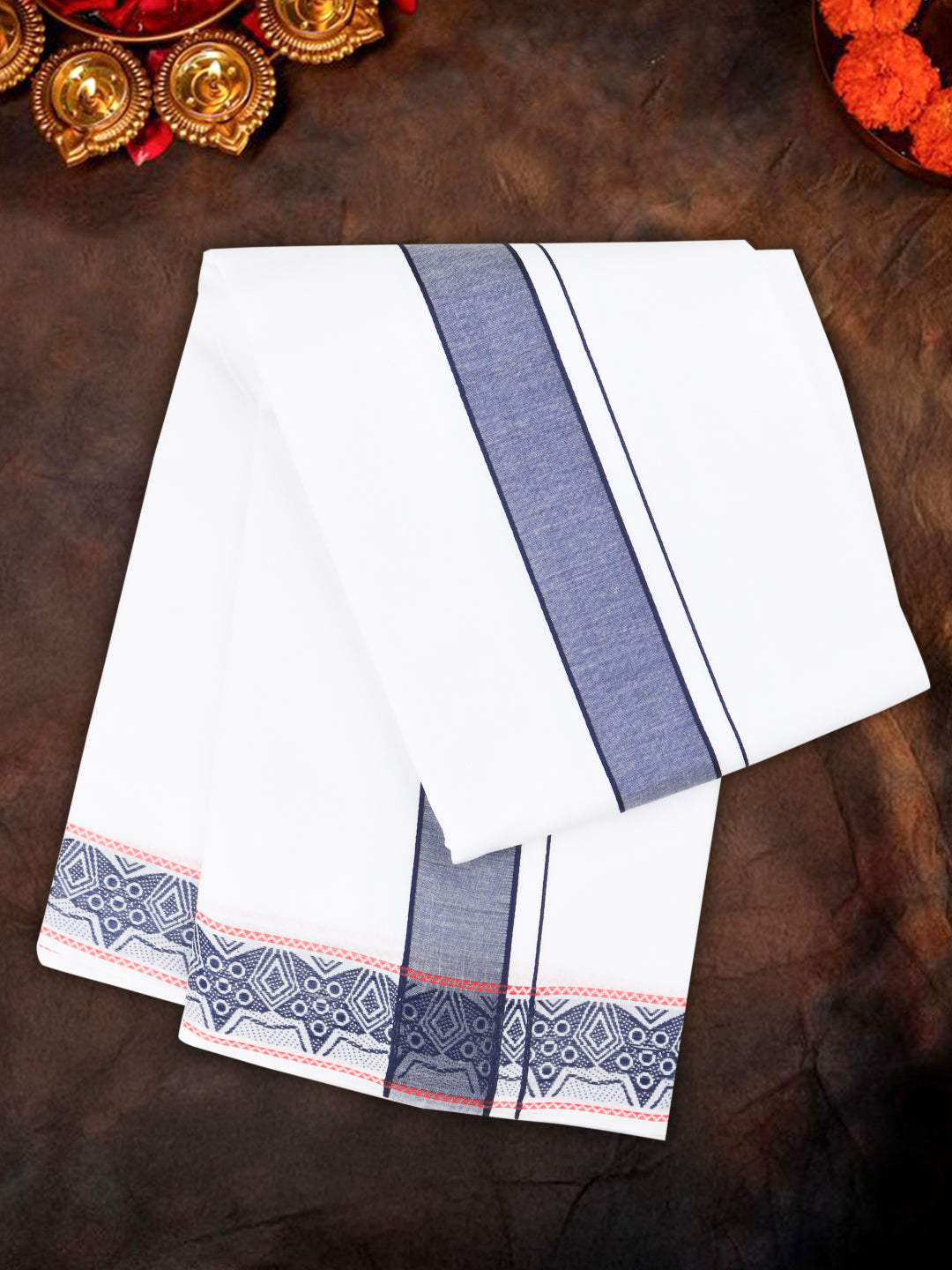 Men Cotton Navy Fancy Border Panchakacham with Angavasthram Srirasthu(9+5) SR42