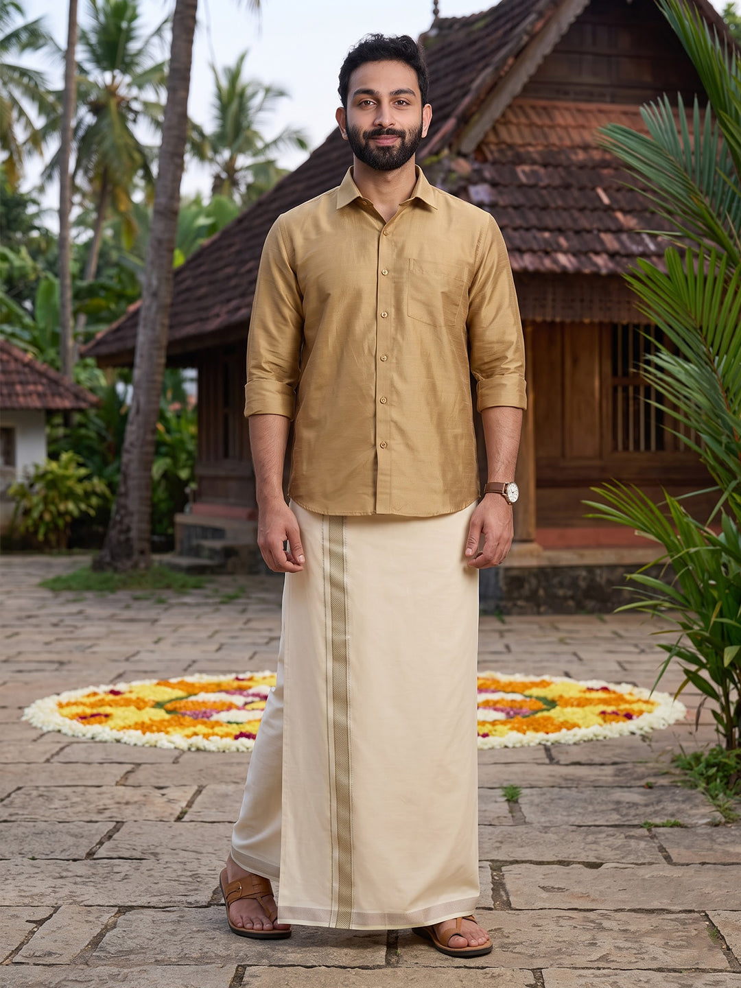 Double Layer Giza Cotton Cream Kora Dhoti with Colour Jari Border - LC40