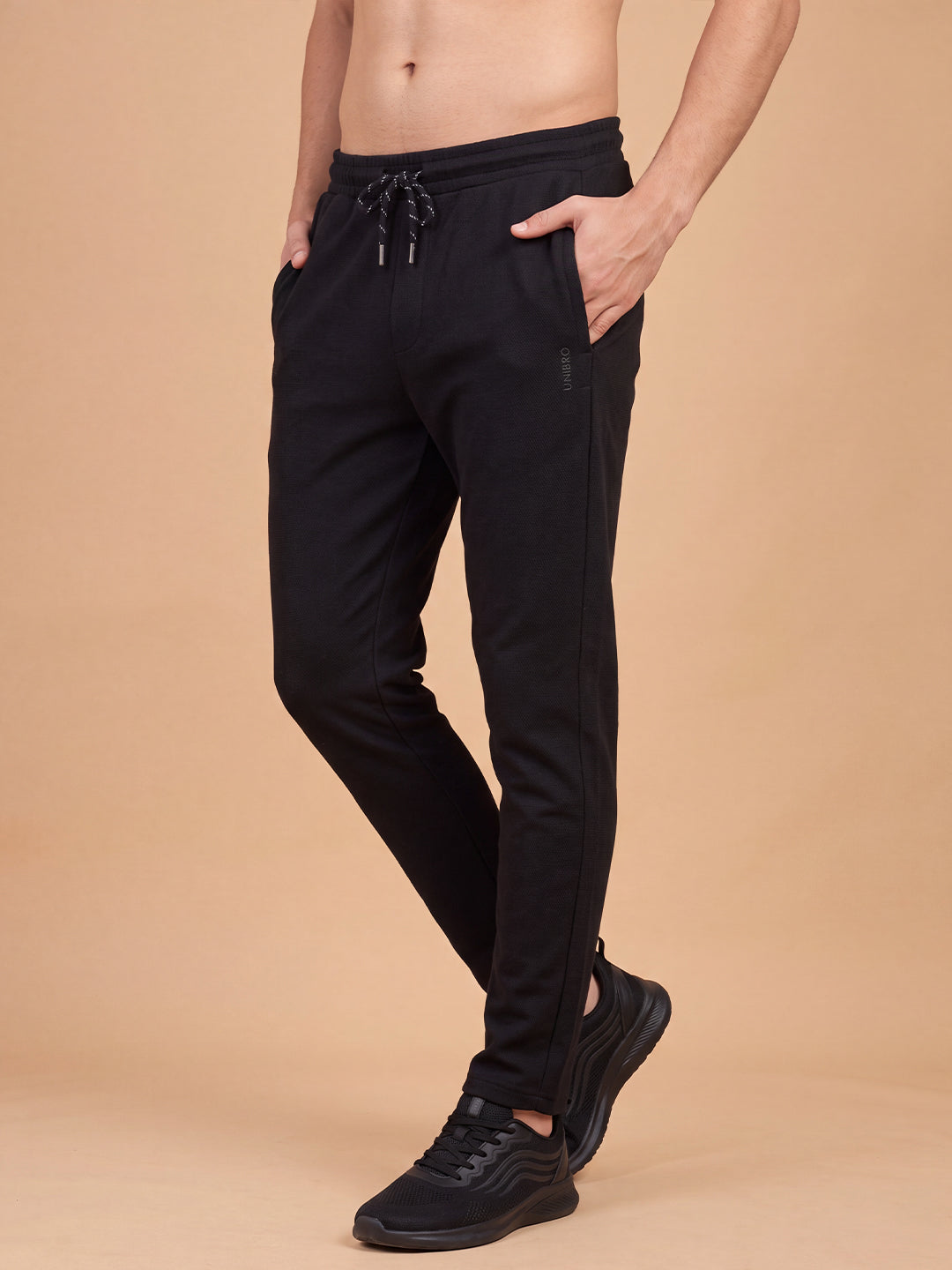 Cotton Rich Popcorn Structured Fabric Black Track Pants PTK5