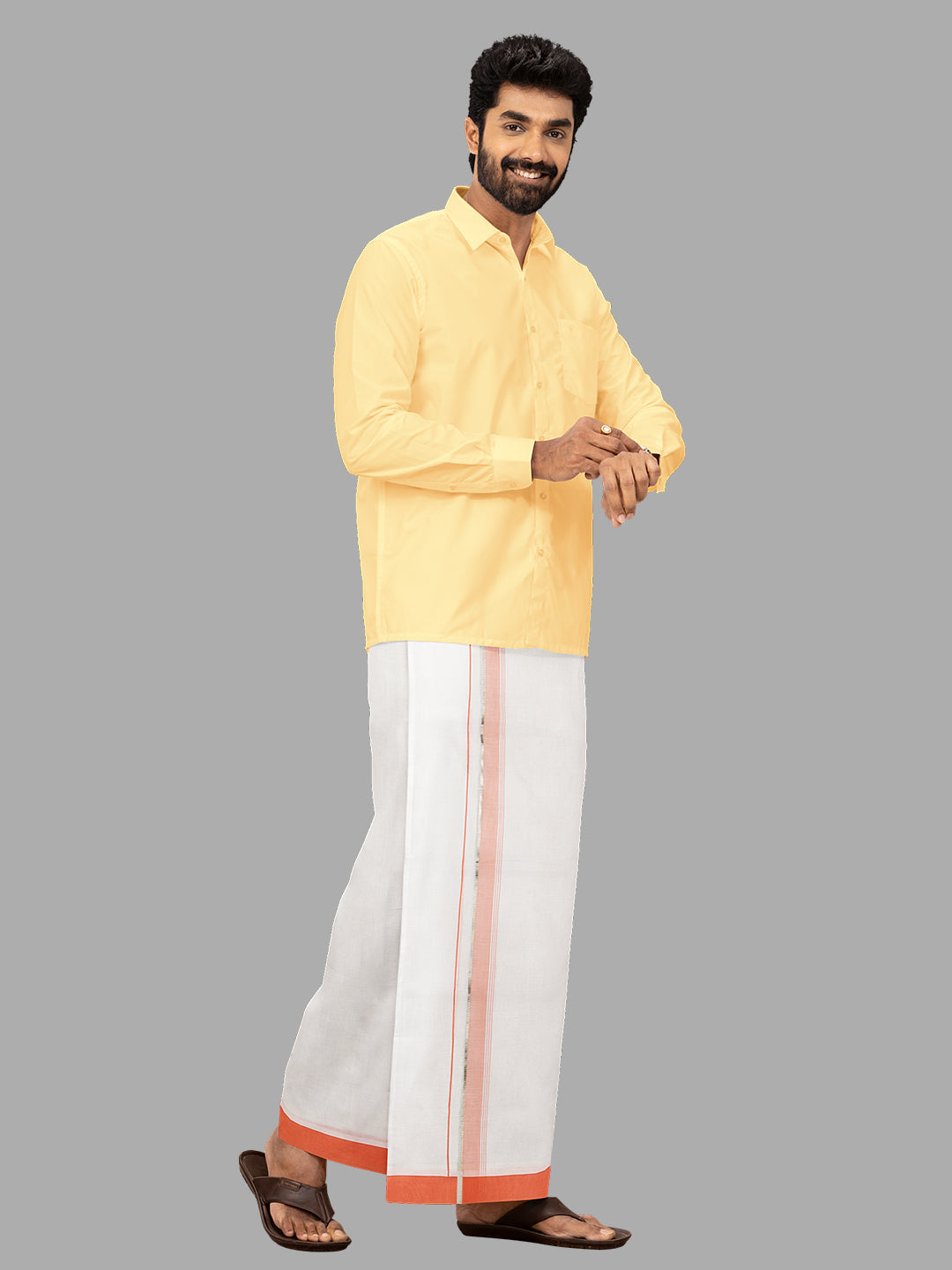 Men Orange Fancy Jari Border Single Dhoti HJF04