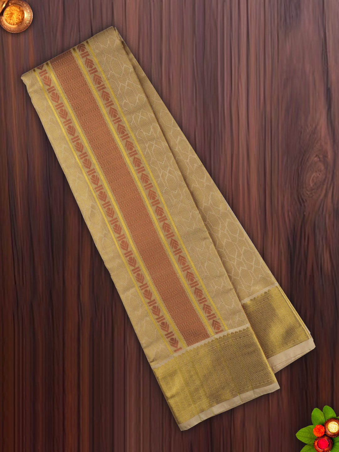 Mens Art Silk Dhoti & Shirting Set Gold Brahmotsavam