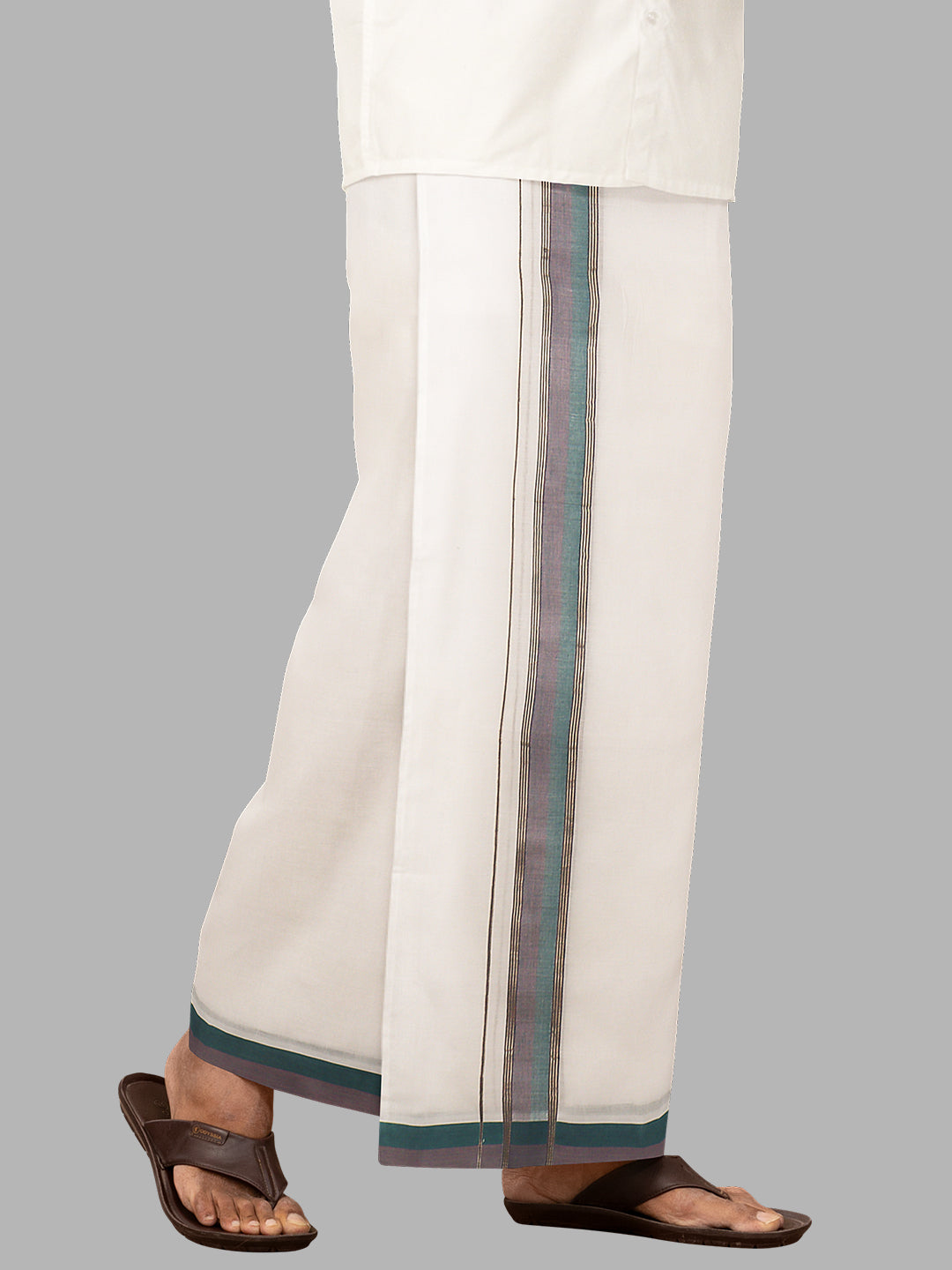 Men Green Fancy Jari Border Double Layer White Dhoti PJF4