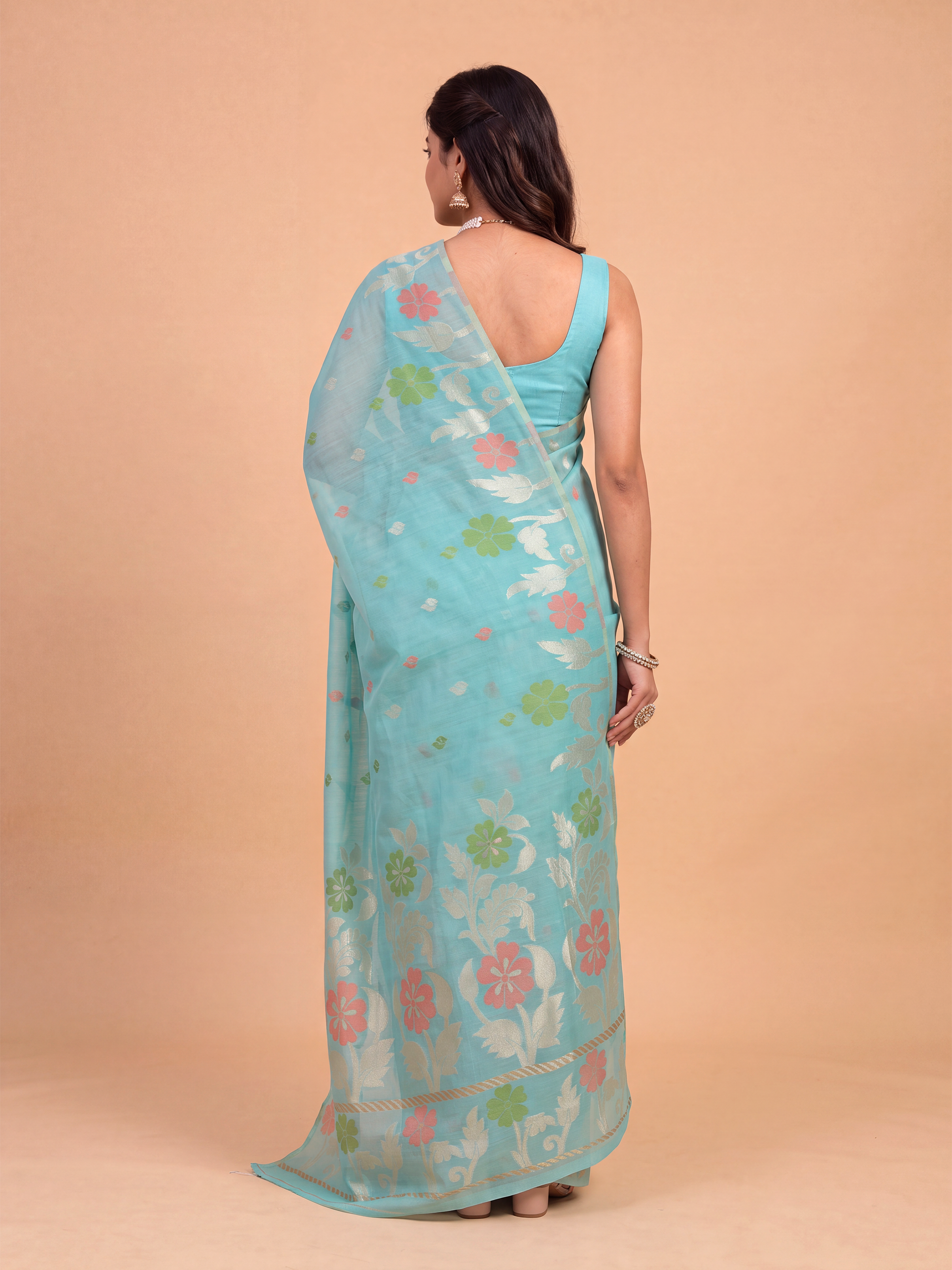 Women Aqua Blue Spun Poly Printed Saree SP10