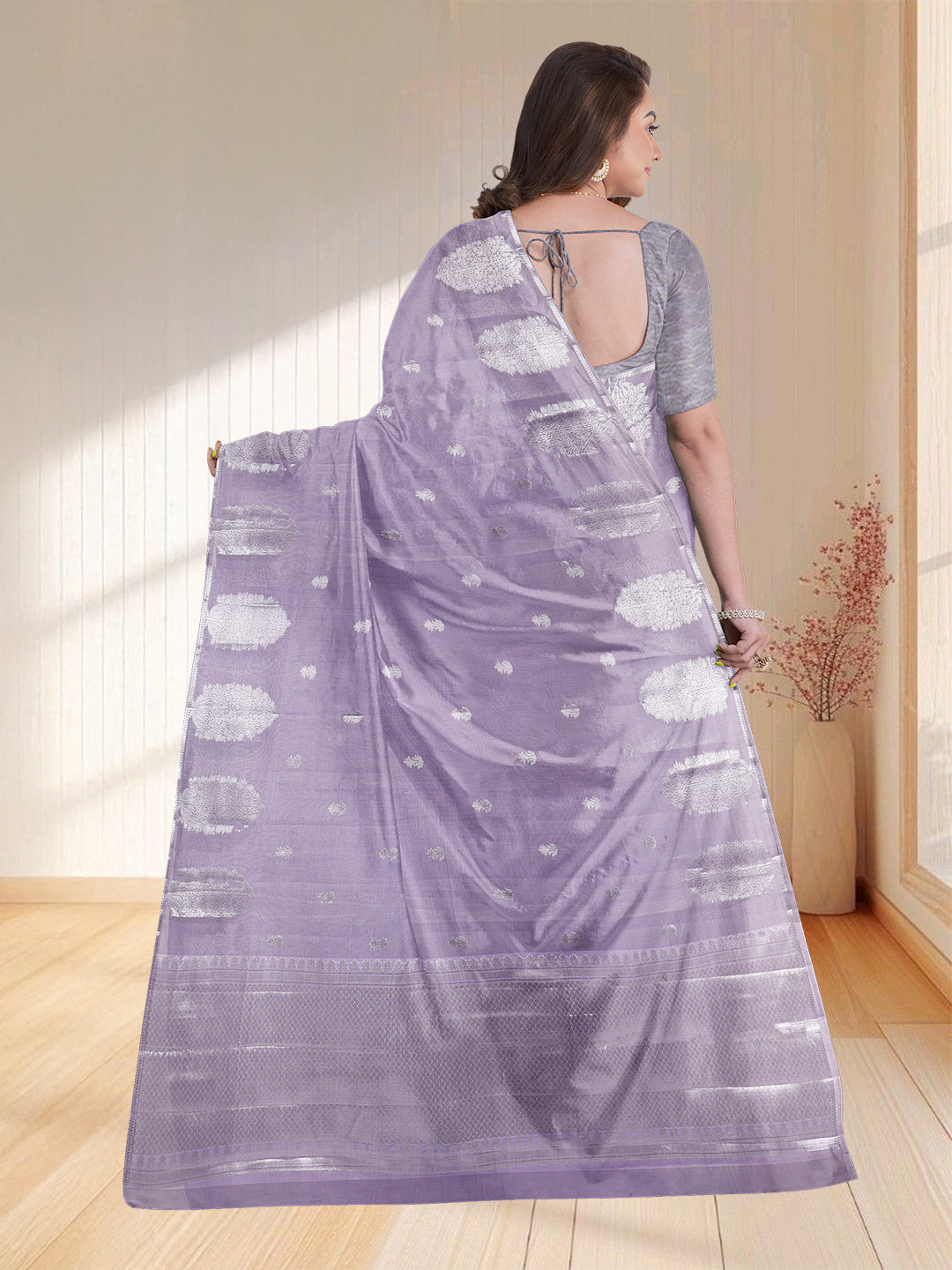 Women Lavender Semi Chanderi Cotton Printed Saree SC52
