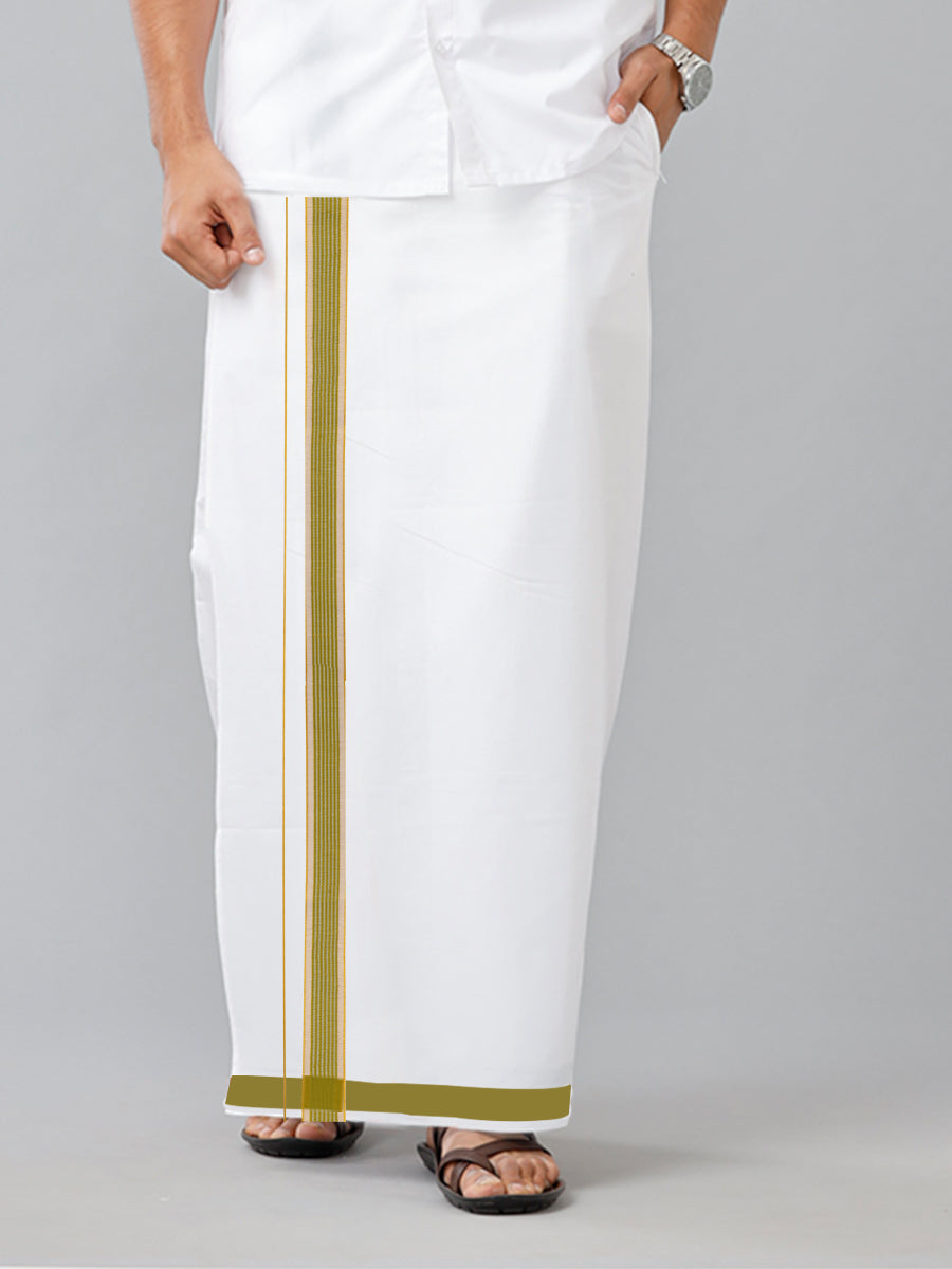 Mens Readymade Adjustable White Dhoti with Green Fancy Border Champ Jari - L