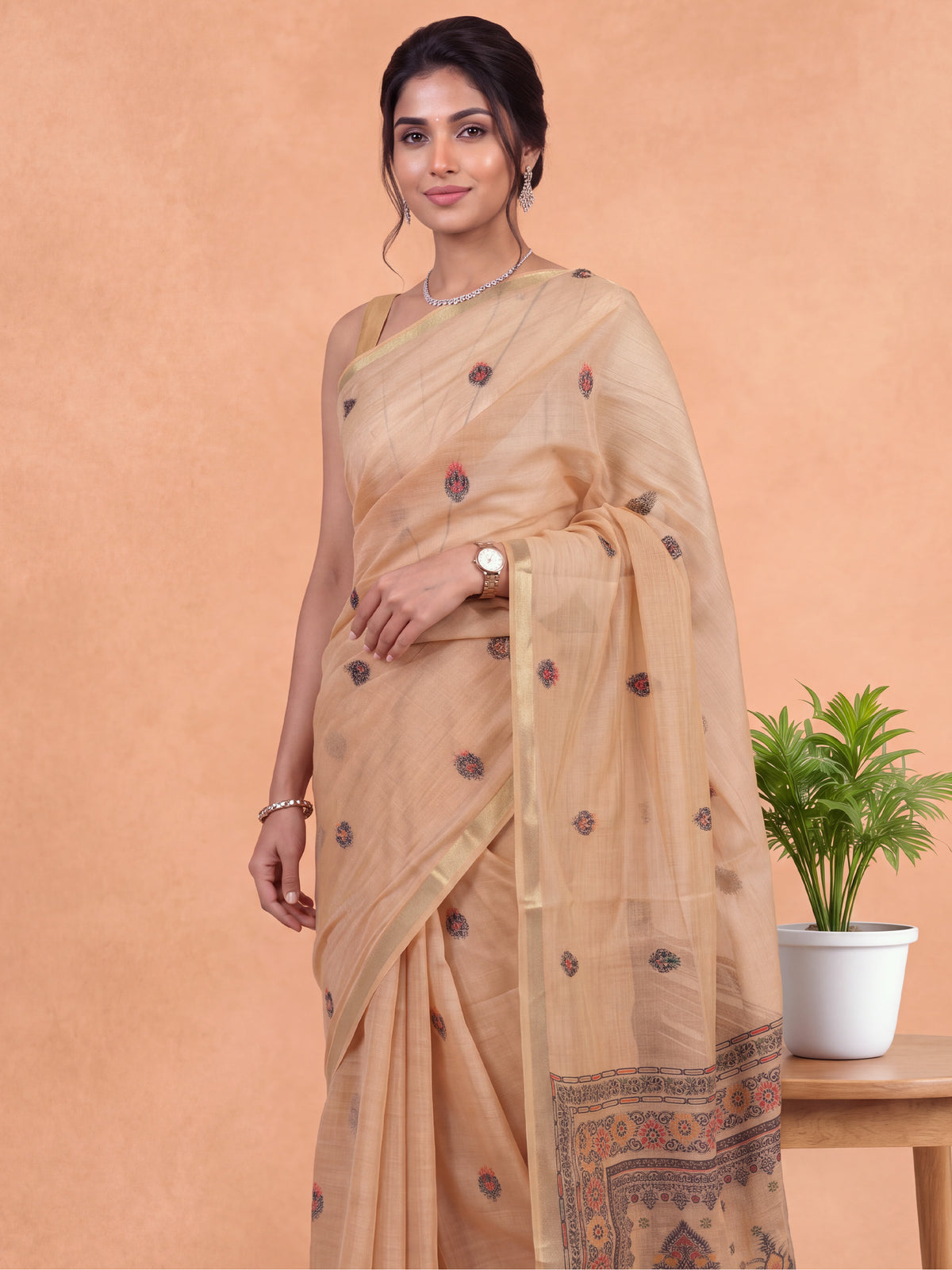 Women Spun Poly Peach Floral Printed Saree SP23