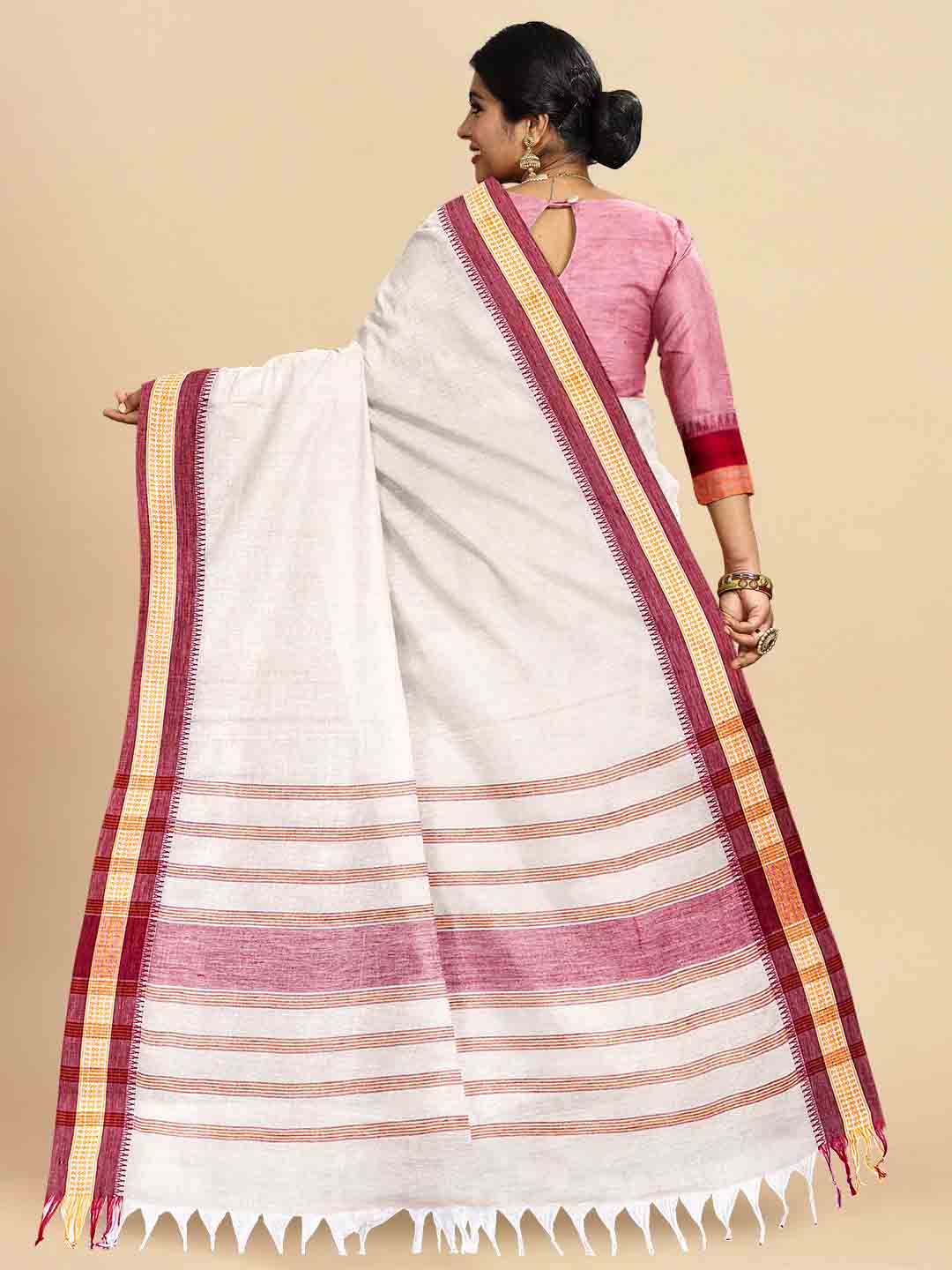 Womens Pure Cotton Plain Off White with Maroon Colour Border Saree PCS16