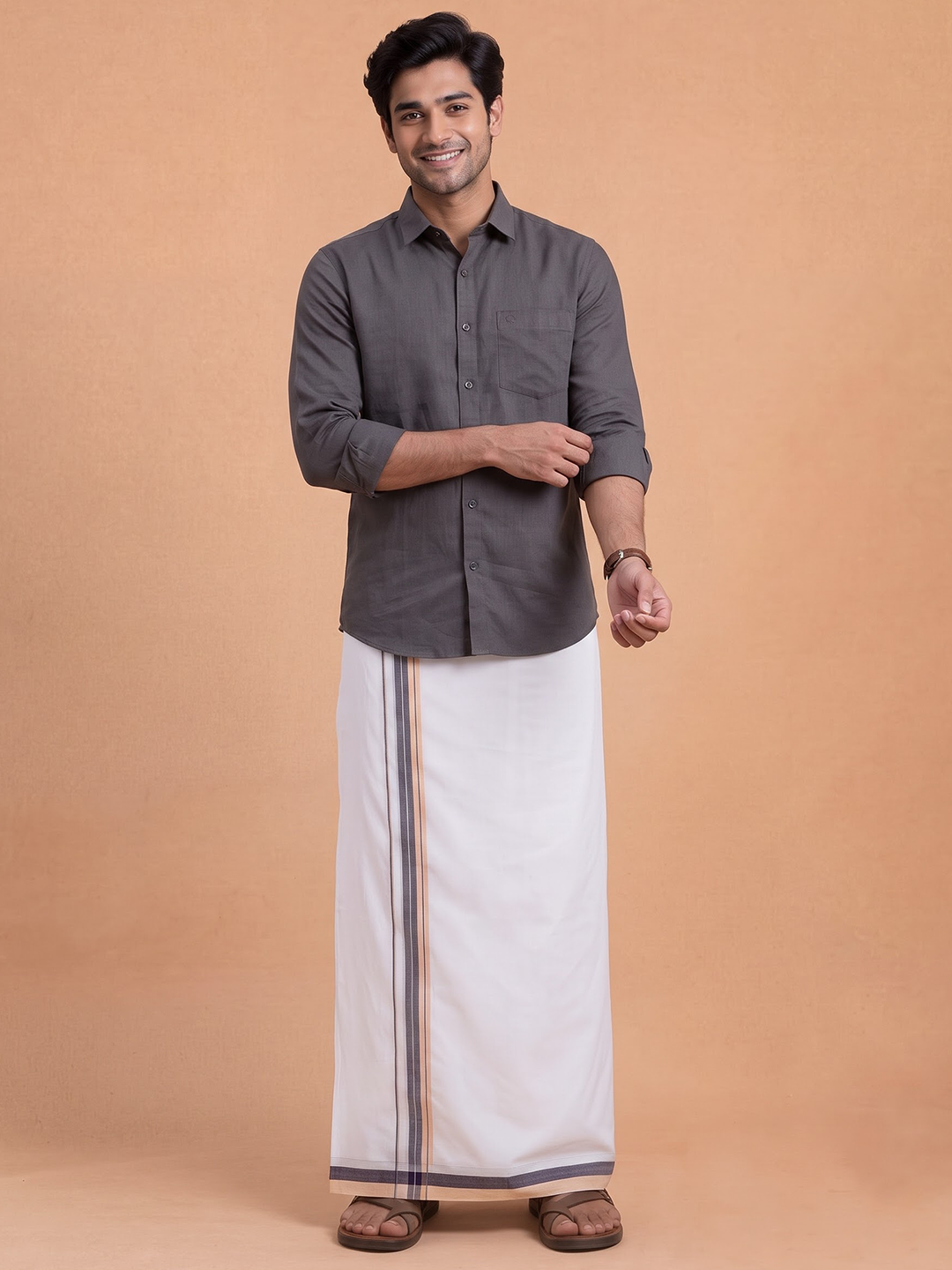 Double Layer 100% Cotton White Dhoti With Colour Jari Border - EJF26