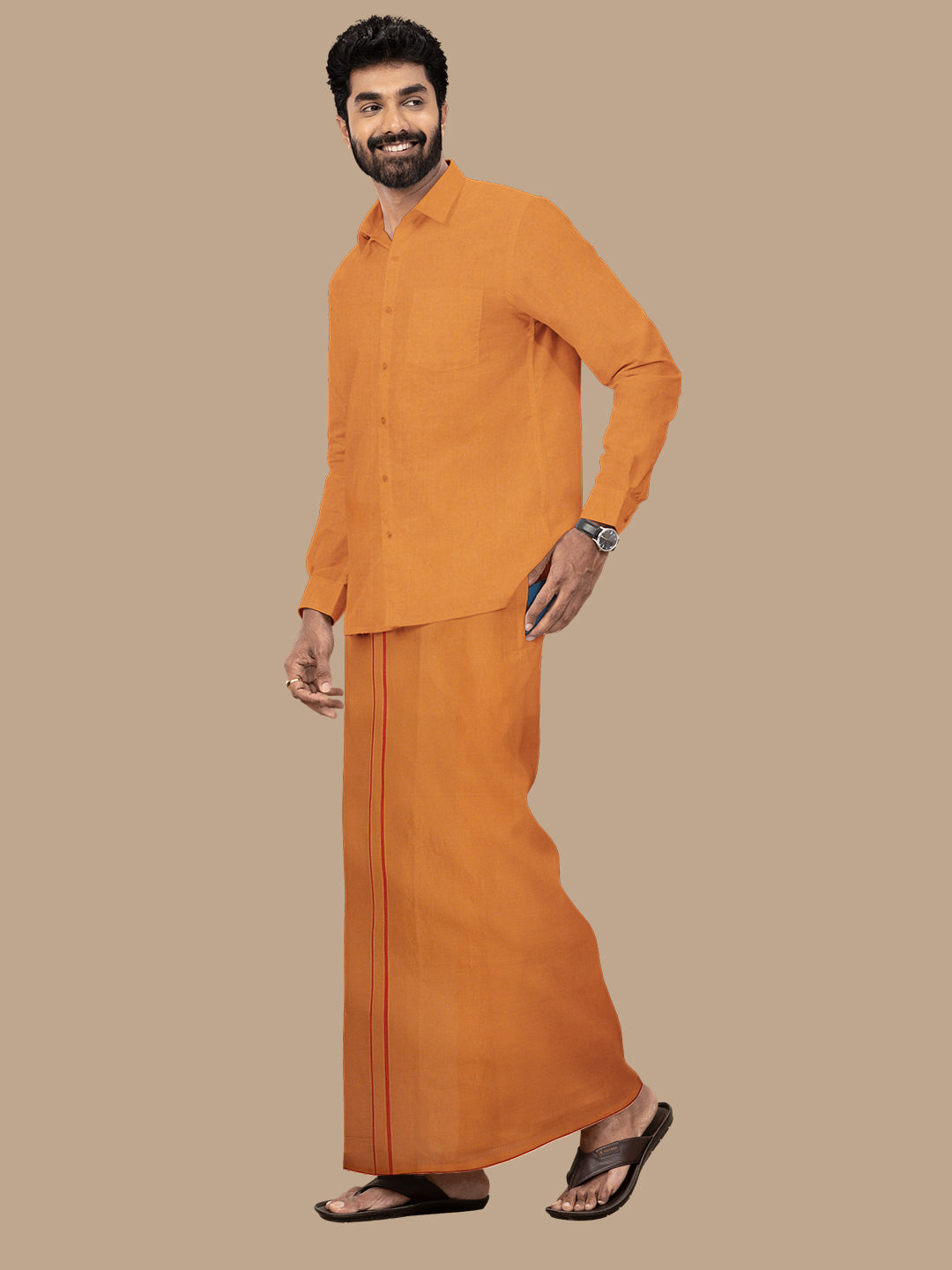 Men Assorted Border Readymade Single Dhoti Dark Kavi