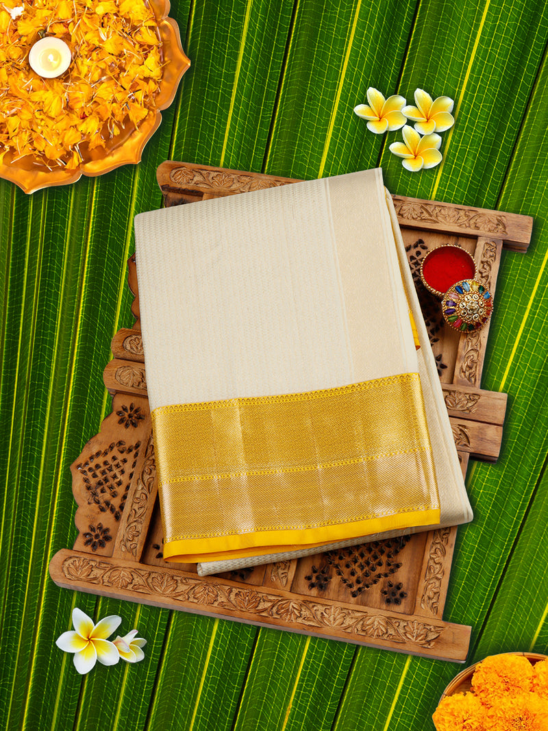 Premium Pure Silk Cream Dhoti With Angavastram  3" Yellow Fancy Jari Border Agarshanaa